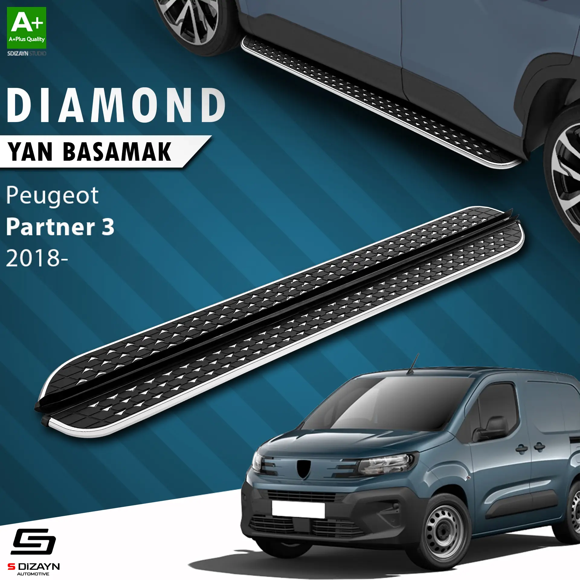 S-Dizayn Peugeot Partner 3 Diamond Krom Yan Basamak 203 Cm 2018 Üzeri A+ Kalite