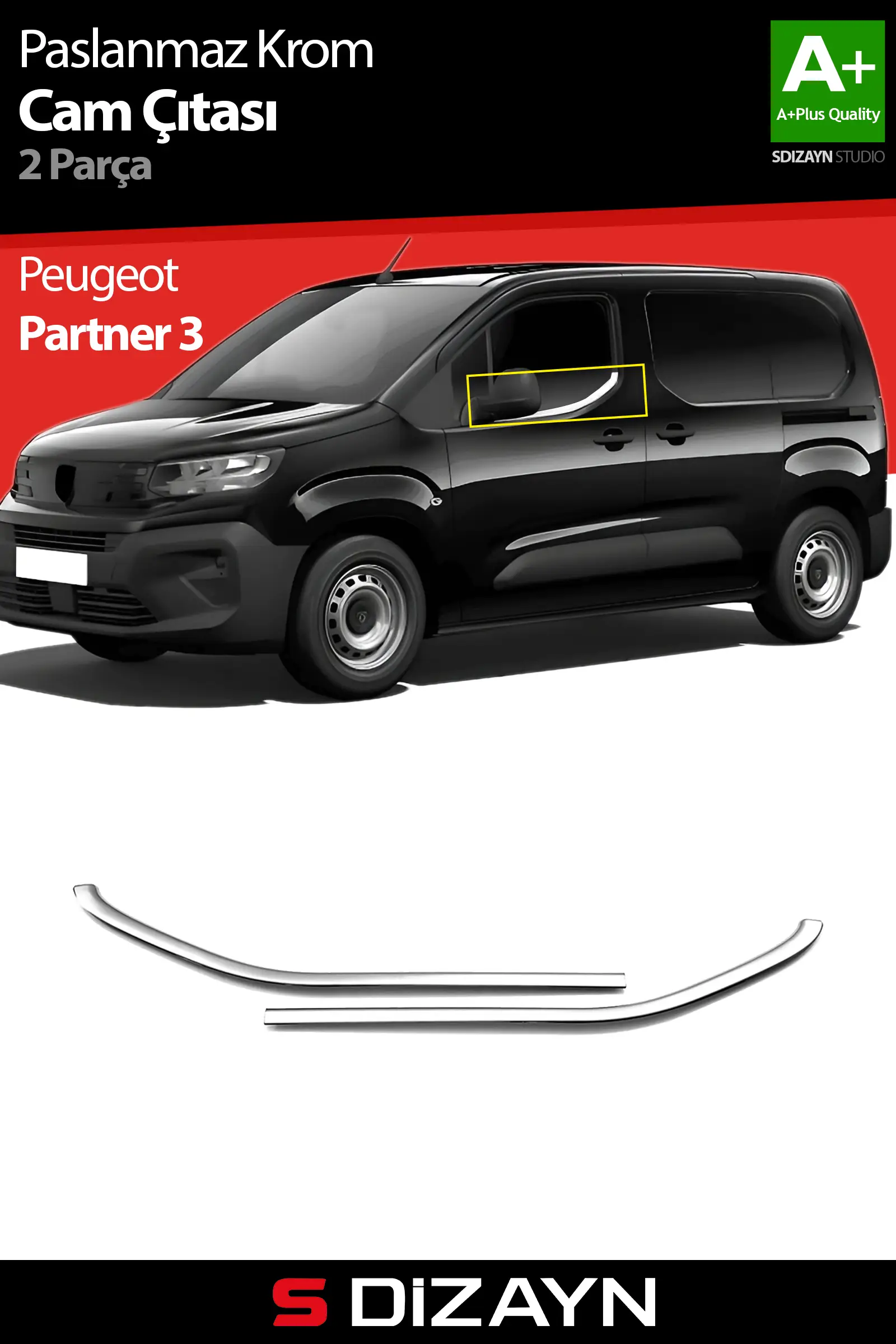 S-Dizayn Peugeot Partner 3 Krom Cam Çıtası 2 Prç 2019 Üzeri A+ Kalite