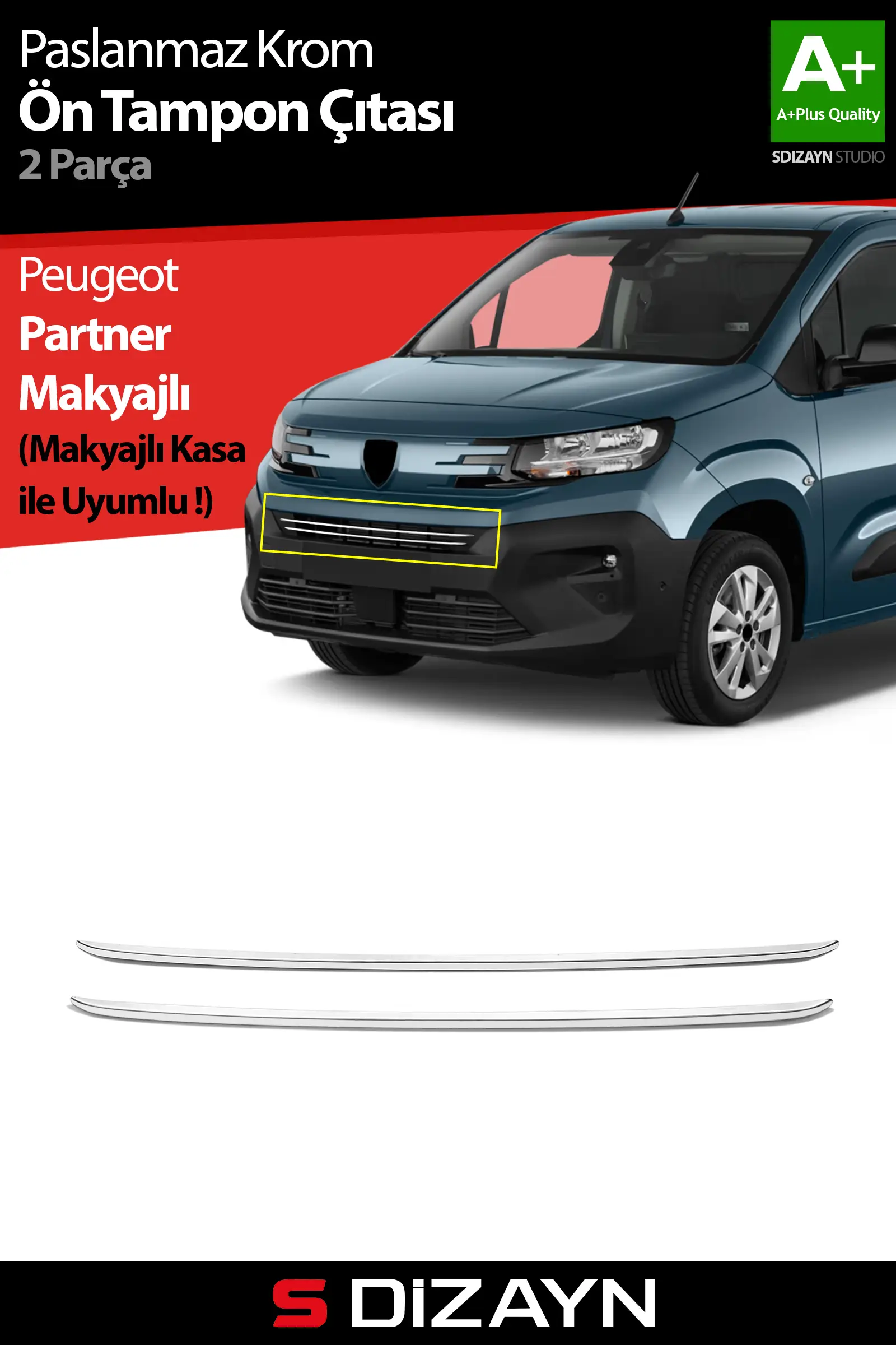 S-Dizayn Peugeot Partner Makyajlı Krom Ön Tampon Çıtası 2 Prç 2023 Üzeri A+ Kalite