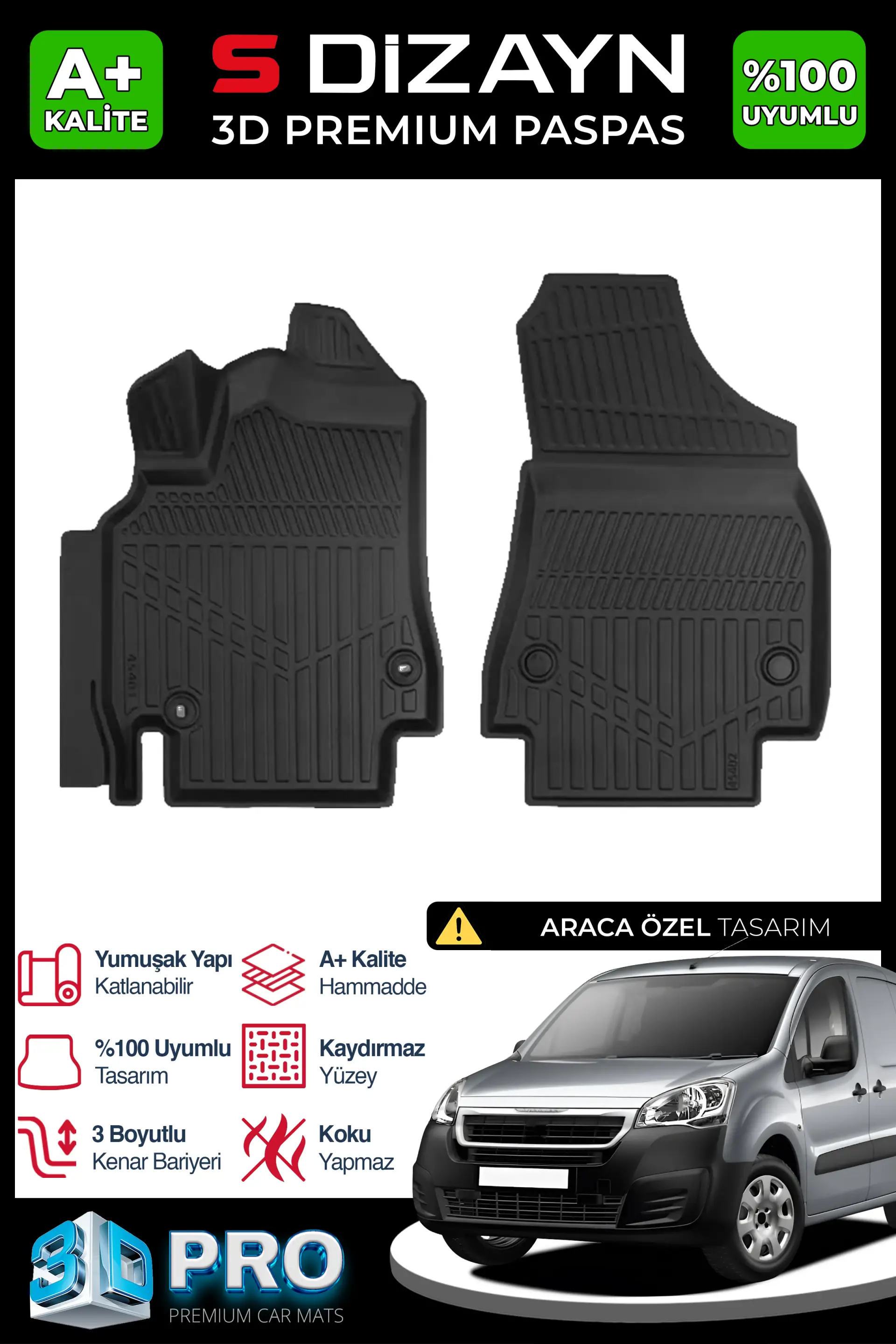 S-Dizayn Peugeot Partner Panelvan Ön 2'li 3D Pro Havuzlu Paspas 2008-2018 A+ Kalite
