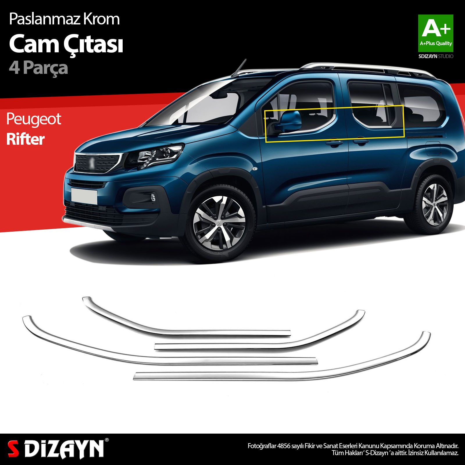 S-Dizayn Peugeot Rifter Krom Cam Çıtası 4 Prç. 2019 Üzeri A+ Kalite S-Dizayn Peugeot Rifter Krom Cam Çıtası 4 Prç. 2019 Üzeri A+ Kalite