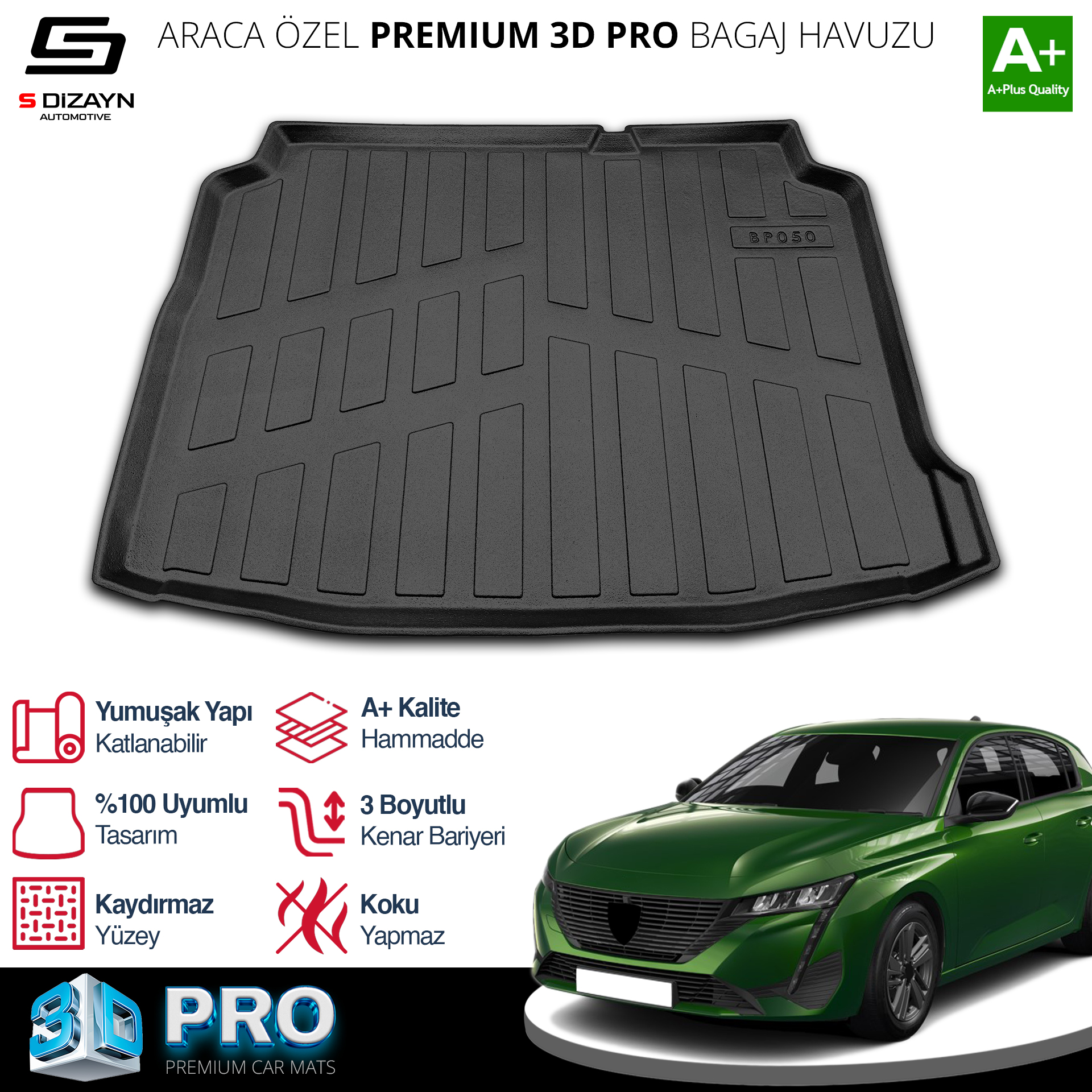 S-Dizayn Peugeot 308 3D Pro Bagaj Havuzu 2013-2021 A+ Kalite S-Dizayn Peugeot 308 3D Pro Bagaj Havuzu 2013-2021 A+ Kalite