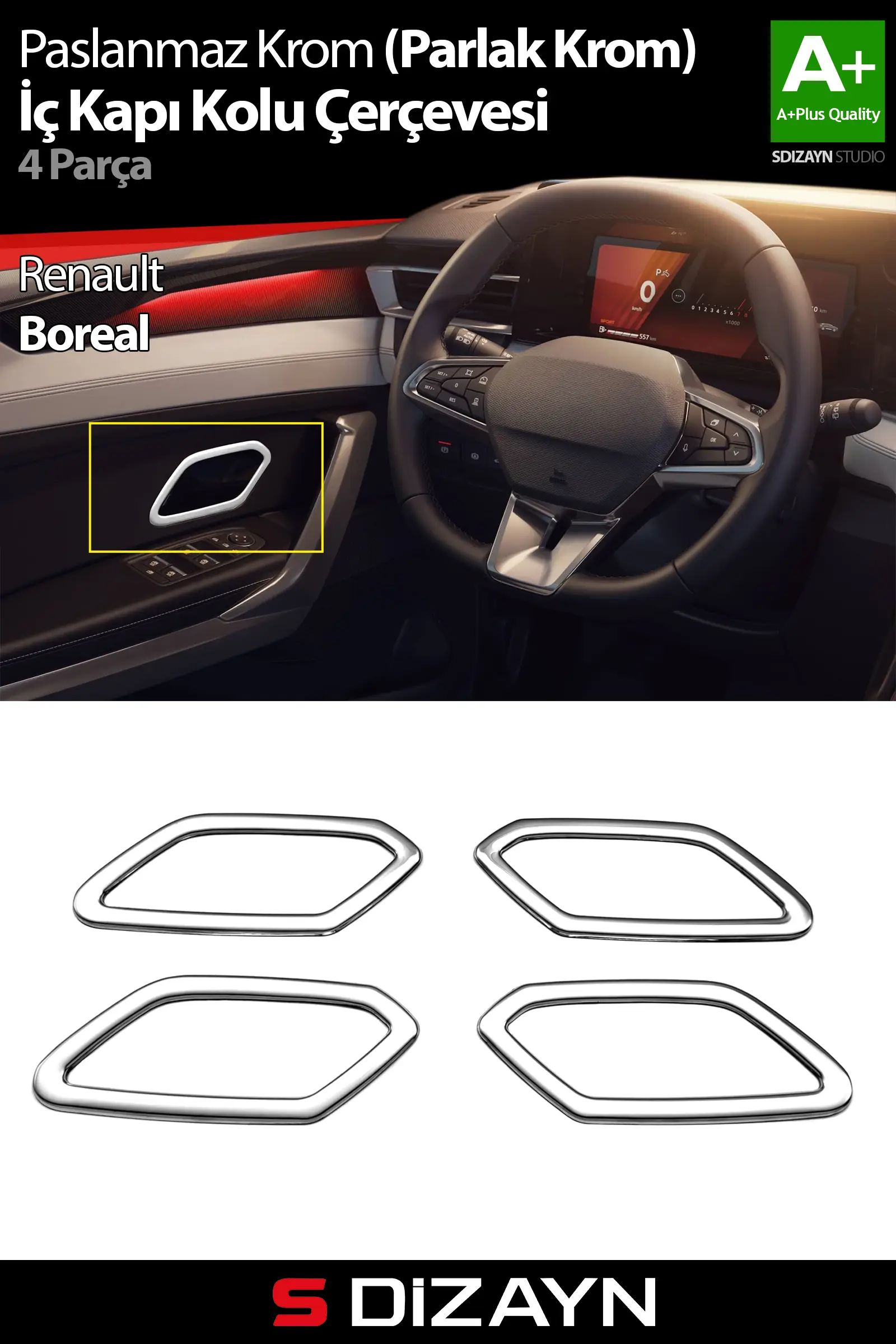 S-Dizayn Renault Boreal Krom İç Kapı Kolu Çerçevesi 4 Prç 2025 Üzeri A+ Kalite (Parlak Krom)