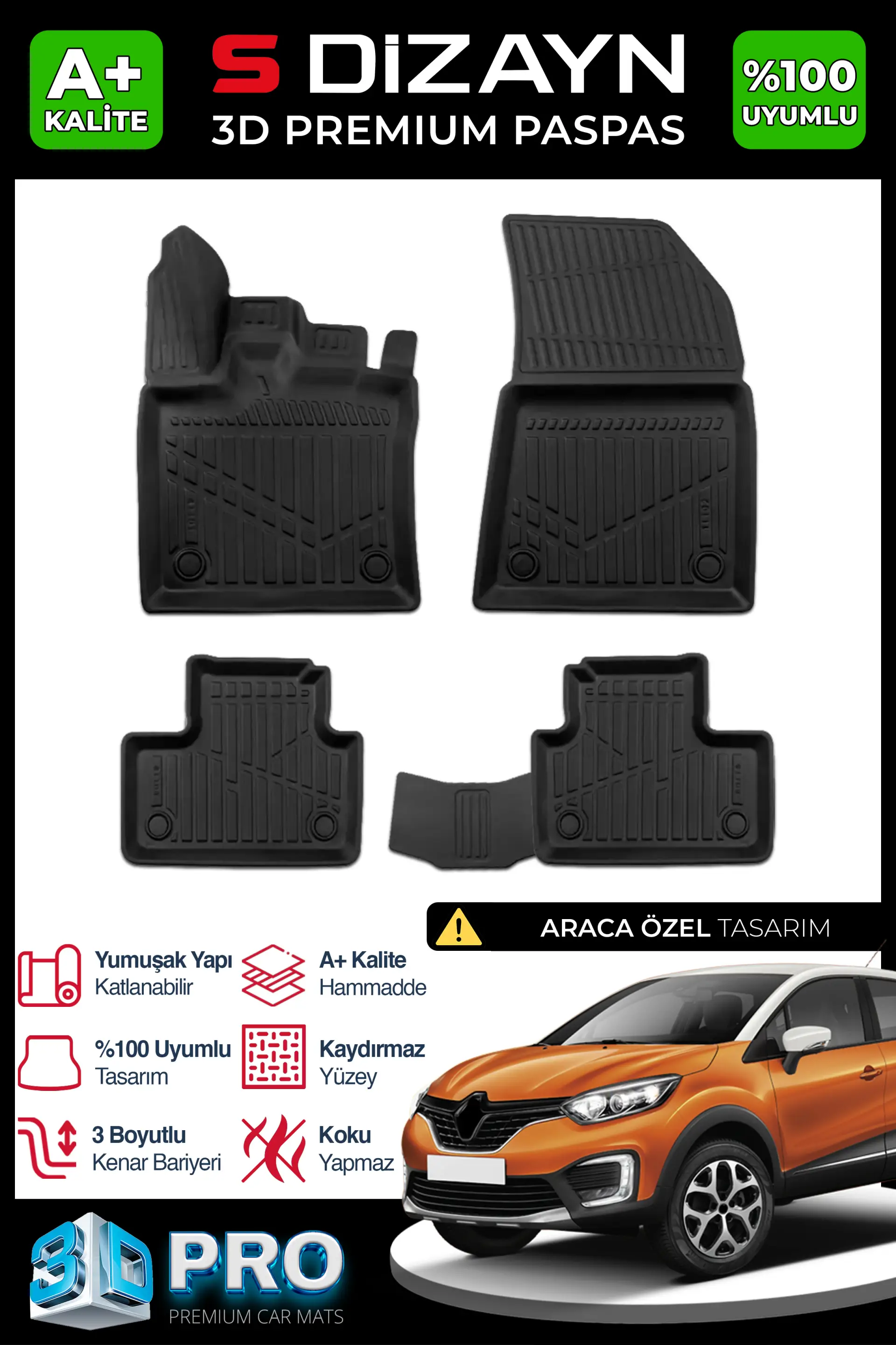 S-Dizayn Renault Captur 3D Pro Havuzlu Paspas 2019 Üzeri A+ Kalite