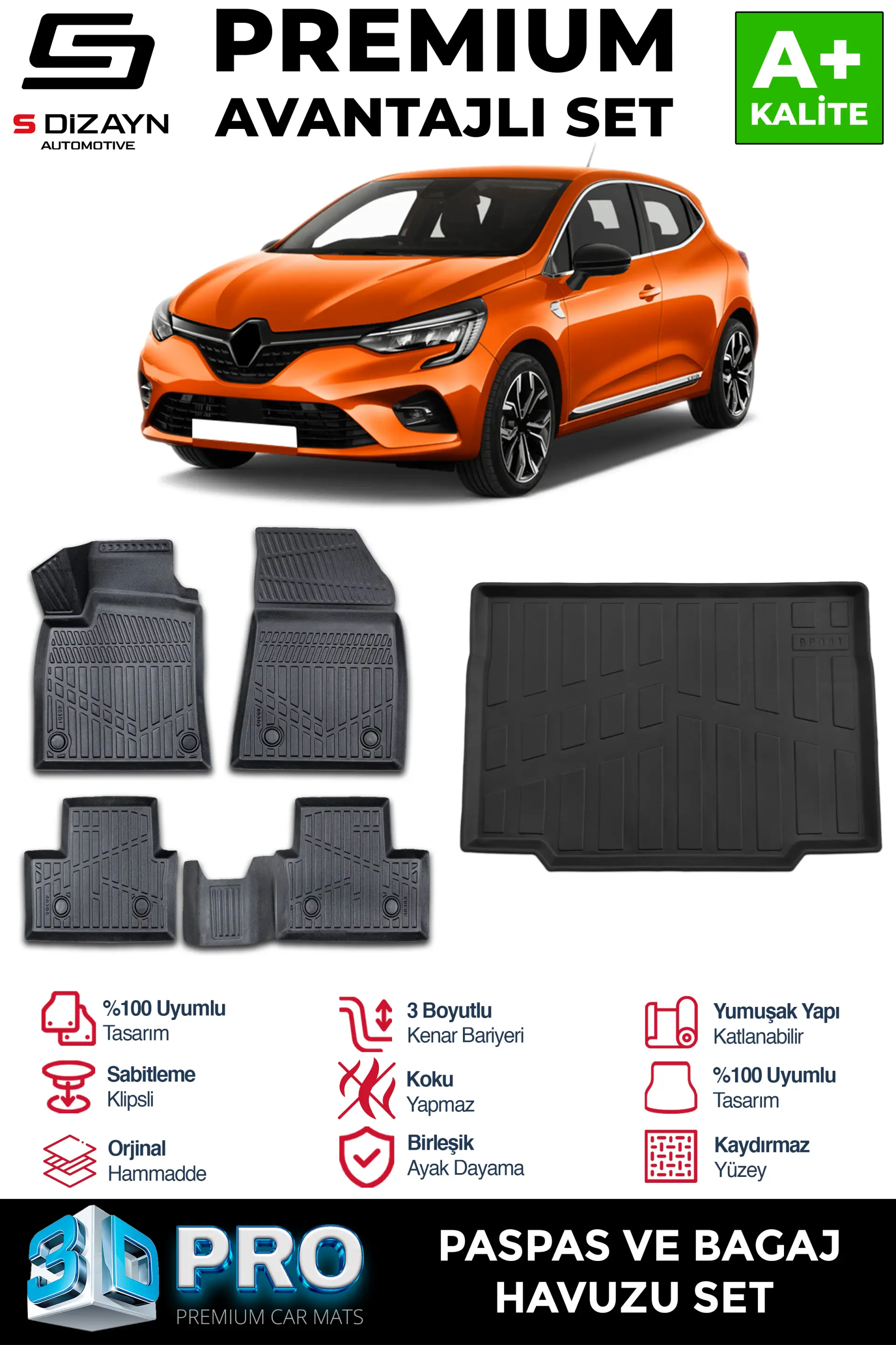 S-Dizayn Renault Clio 5 3D Pro Havuzlu Paspas ve Bagaj Havuzu Seti (2'li SET) 2019-2025 A+ Kalite