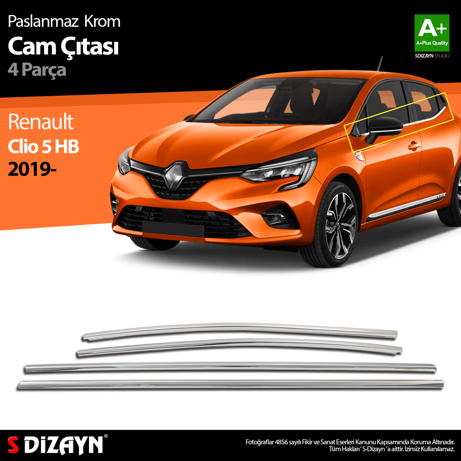 S-Dizayn Renault Clio 5 Krom Cam Çıtası 4 Prç 2019 ve Üzeri S-Dizayn Renault Clio 5 Krom Cam Çıtası 4 Prç 2019 ve Üzeri