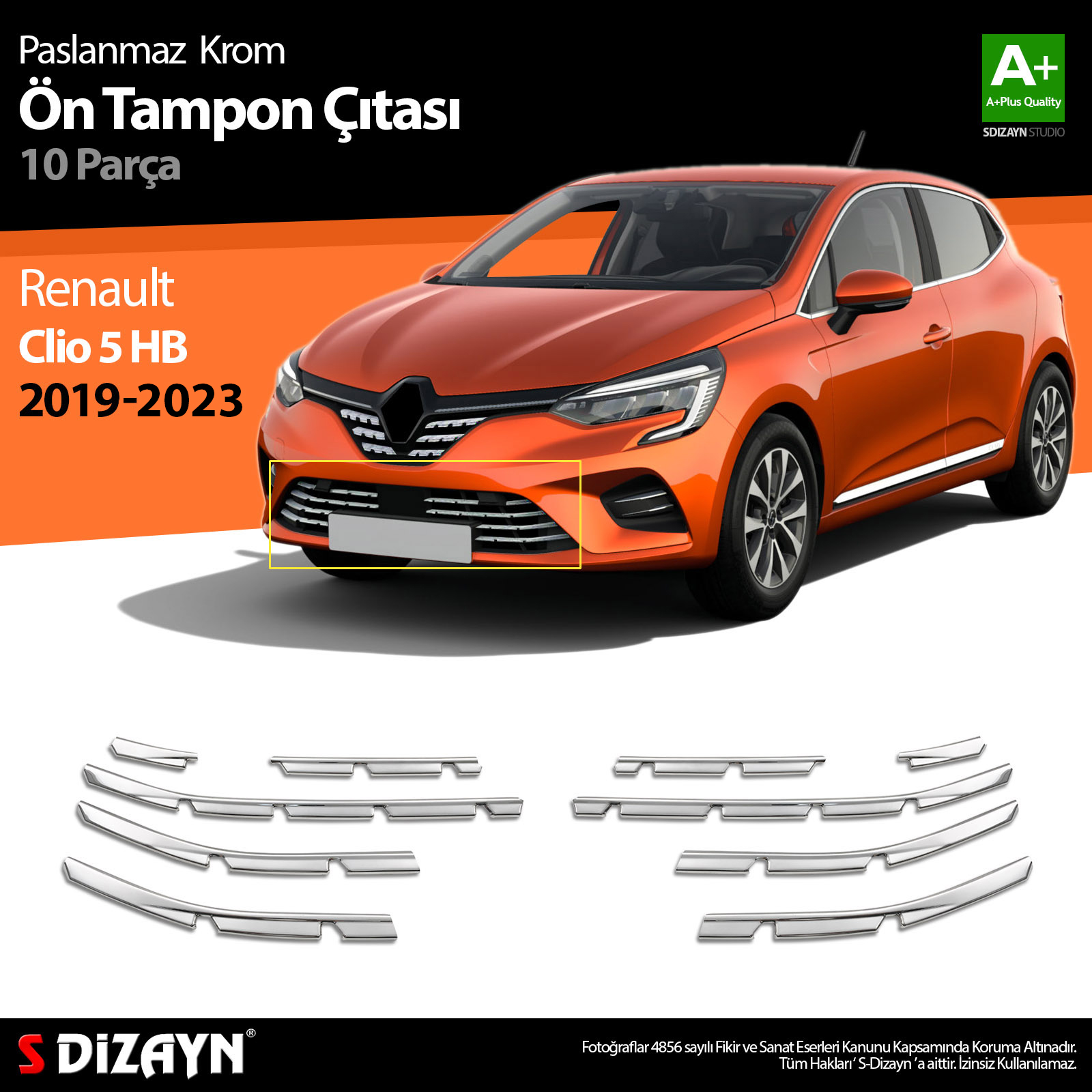 S-Dizayn Renault Clio 5 Krom Ön Tampon Çıtası 10 Prç. 2019 Üzeri S-Dizayn Renault Clio 5 Krom Ön Tampon Çıtası 10 Prç. 2019 Üzeri