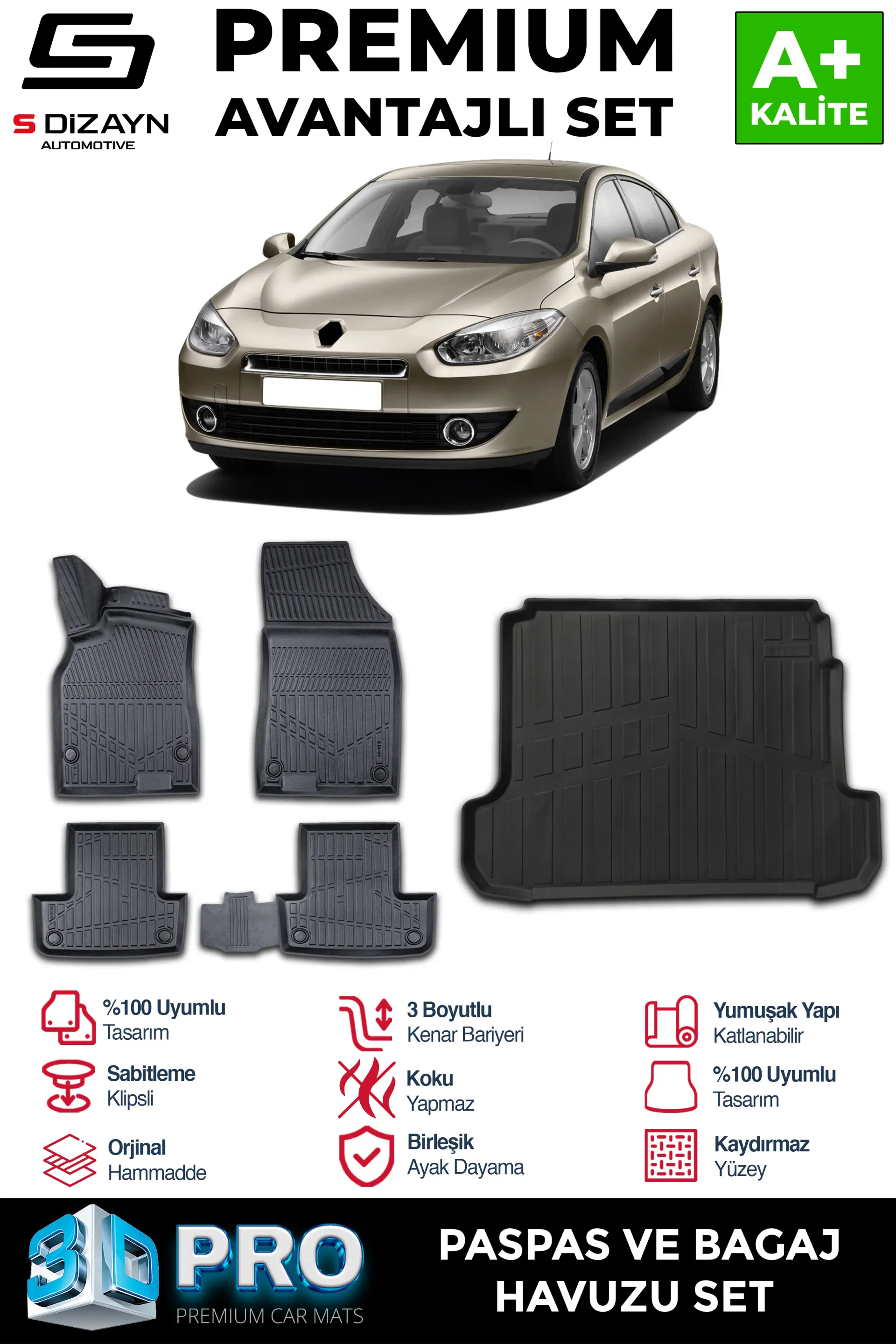 S-Dizayn Renault Fluence 3D Pro Havuzlu Paspas ve Bagaj Havuzu Seti (2'li SET) 2010-2016 A+ Kalite