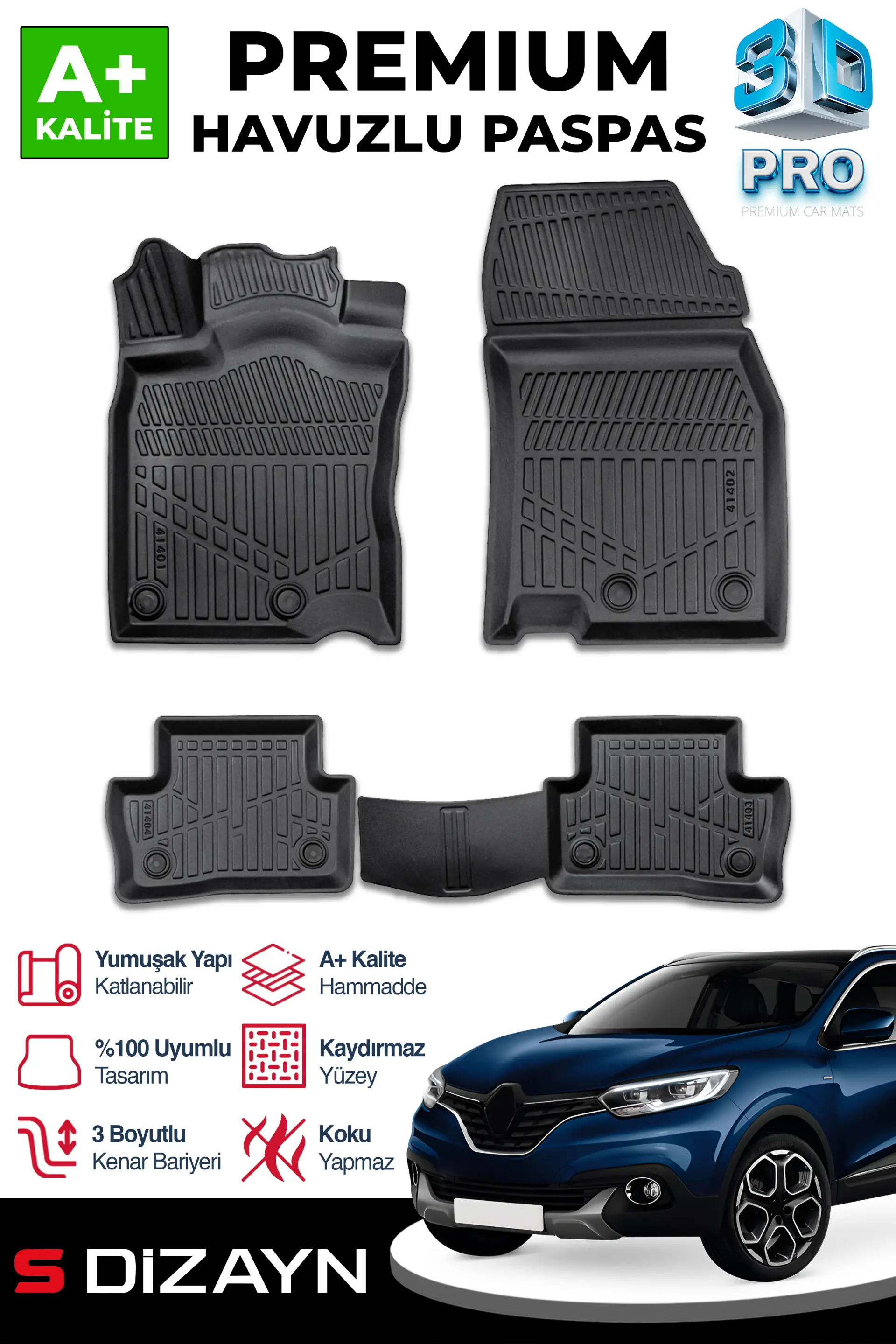 S-Dizayn Renault Kadjar 3D Pro Havuzlu Paspas 2015 Üzeri A+ Kalite