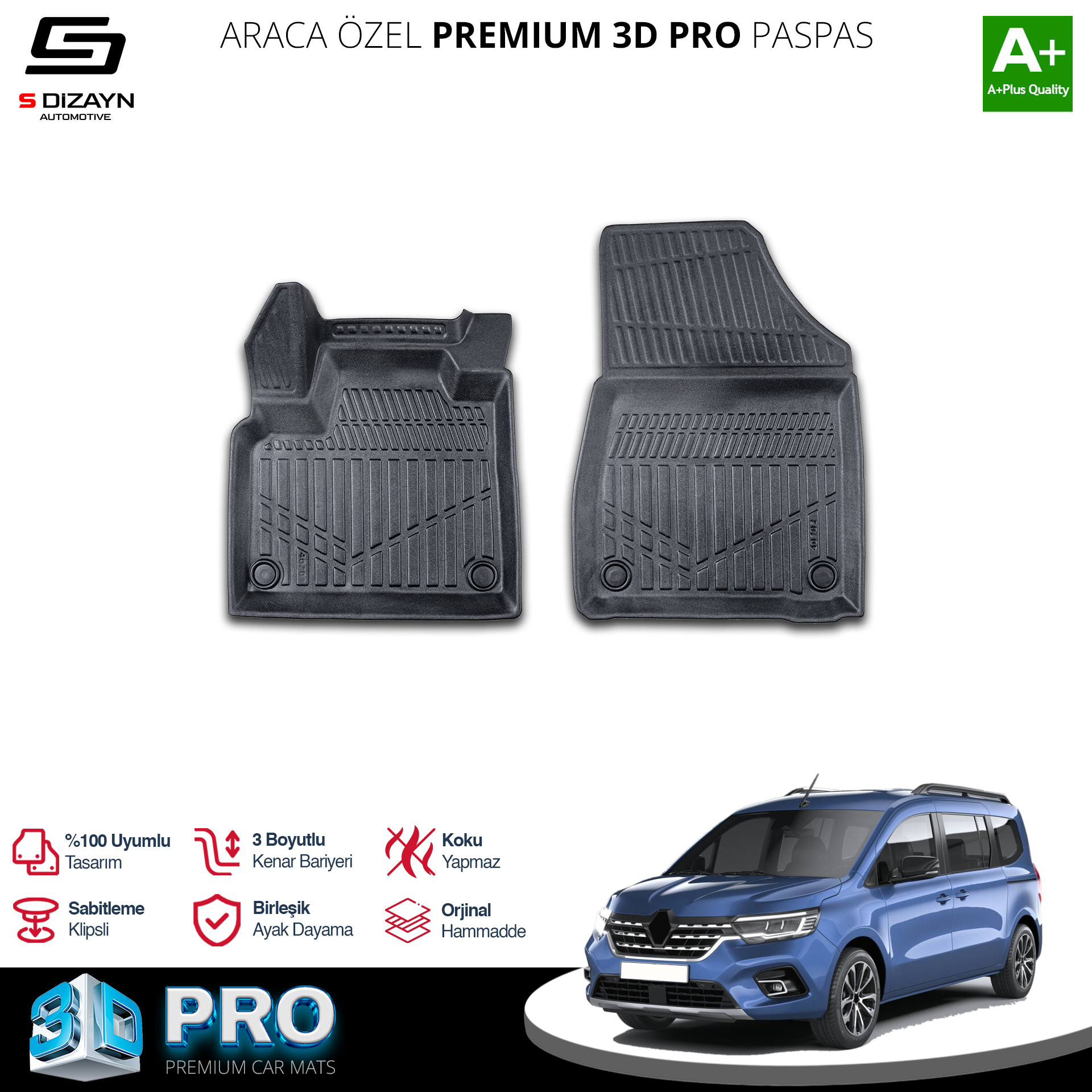 S-Dizayn Renault Kangoo Panelvan 3D Pro Havuzlu Paspas Ön 2`Li 2024 Üzeri A+ Kalite S-Dizayn Renault Kangoo Panelvan 3D Pro Havuzlu Paspas Ön 2`Li 2024 Üzeri A+ Kalite