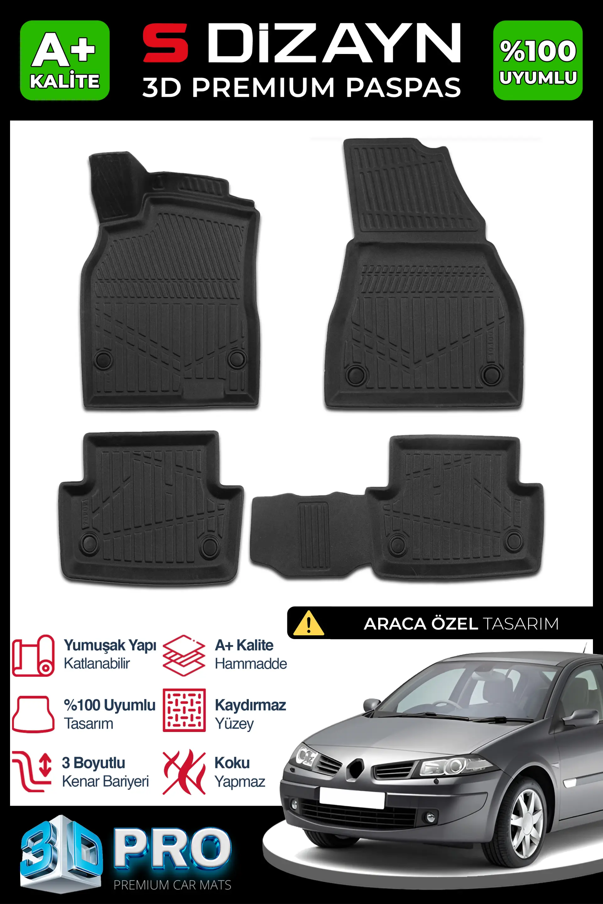S-Dizayn Renault Megane 2 3D Pro Havuzlu Paspas 2002-2009 A+ Kalite