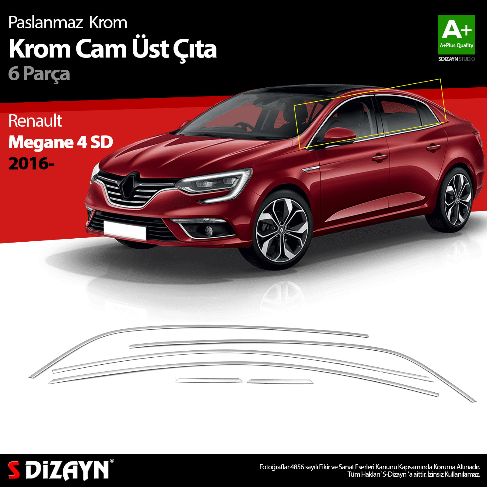 S-Dizayn Renault Megane 4 SD Krom Cam Üst Çıtası 6 Prç. 2016-2020 S-Dizayn Renault Megane 4 SD Krom Cam Üst Çıtası 6 Prç. 2016-2020