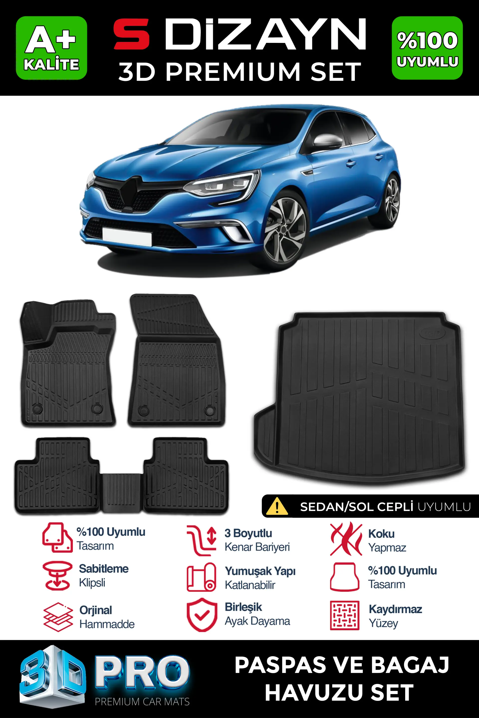 S-Dizayn Renault Megane 4 Sedan 3D Pro Havuzlu Paspas ve Sol Kulak Paspas Bagaj Havuzu Seti (2'li SET) 2016-2021 A+ Kalite