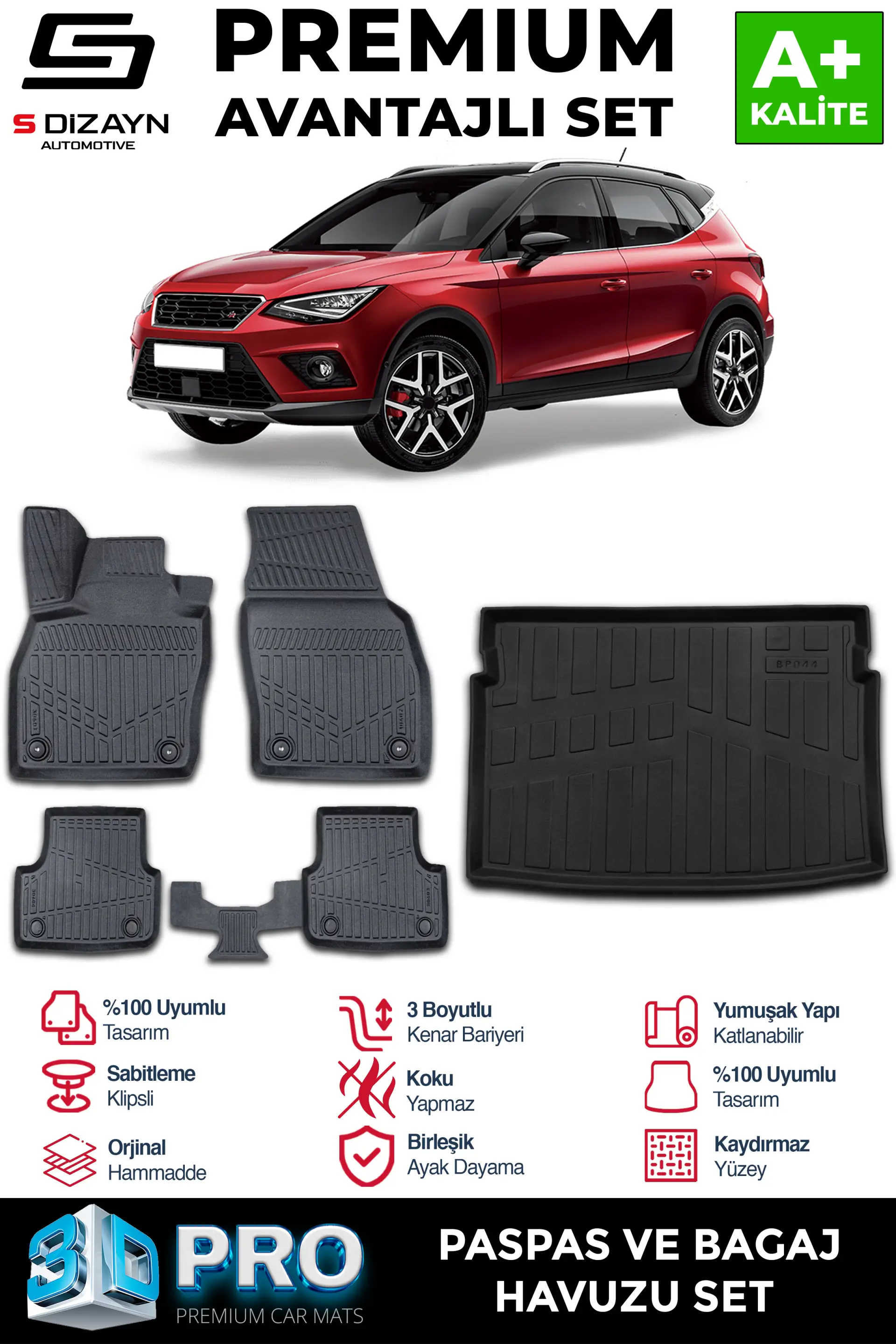 S-Dizayn Seat Arona 3D Pro Havuzlu Paspas ve Üst Bagaj Havuzu Seti (2'li SET) 2017 Üzeri A+ Kalite
