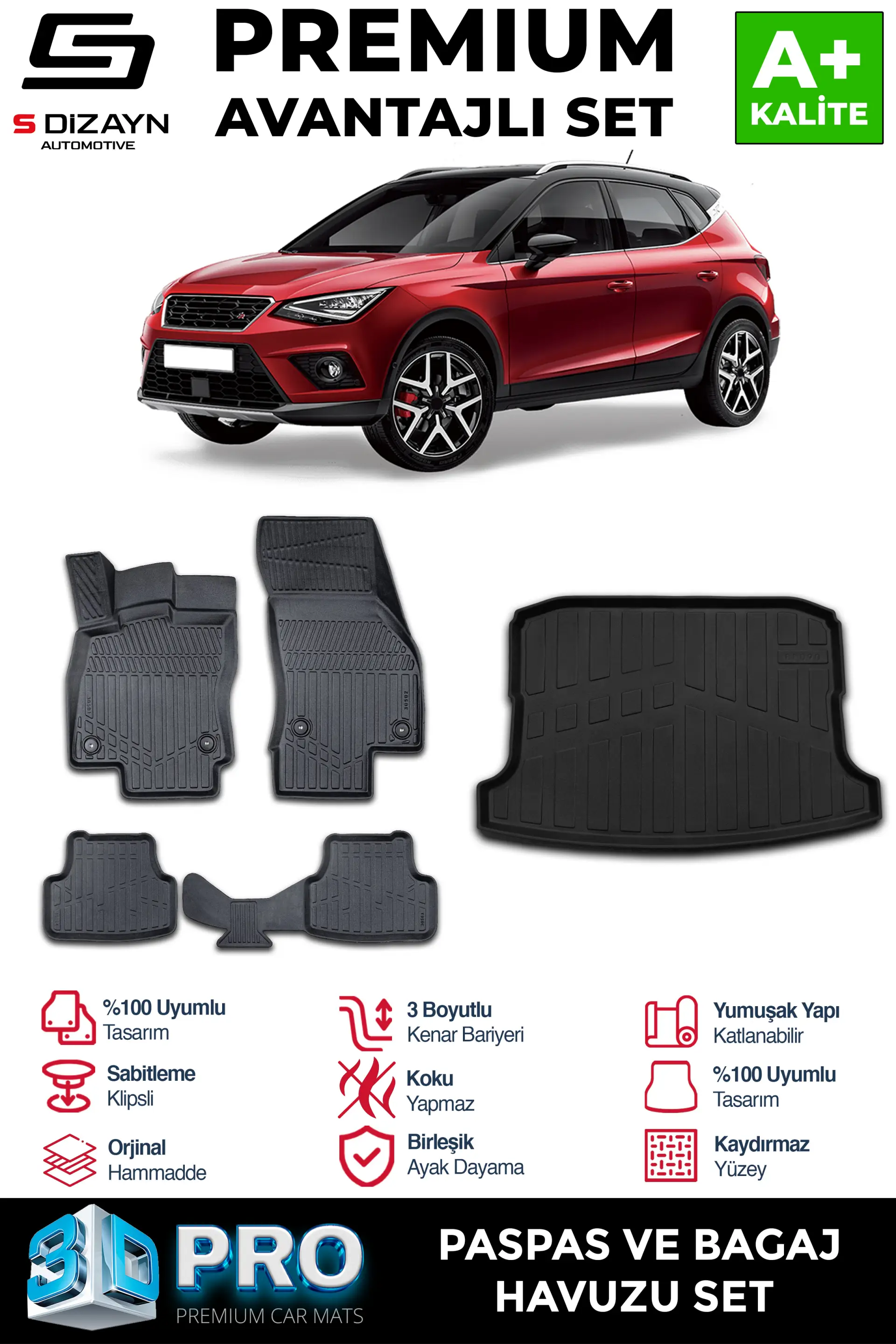 S-Dizayn Seat Ateca 3D Pro Havuzlu Paspas ve Çift Cepli Bagaj Havuzu Seti (2'li SET) 2016 Üzeri A+ Kalite
