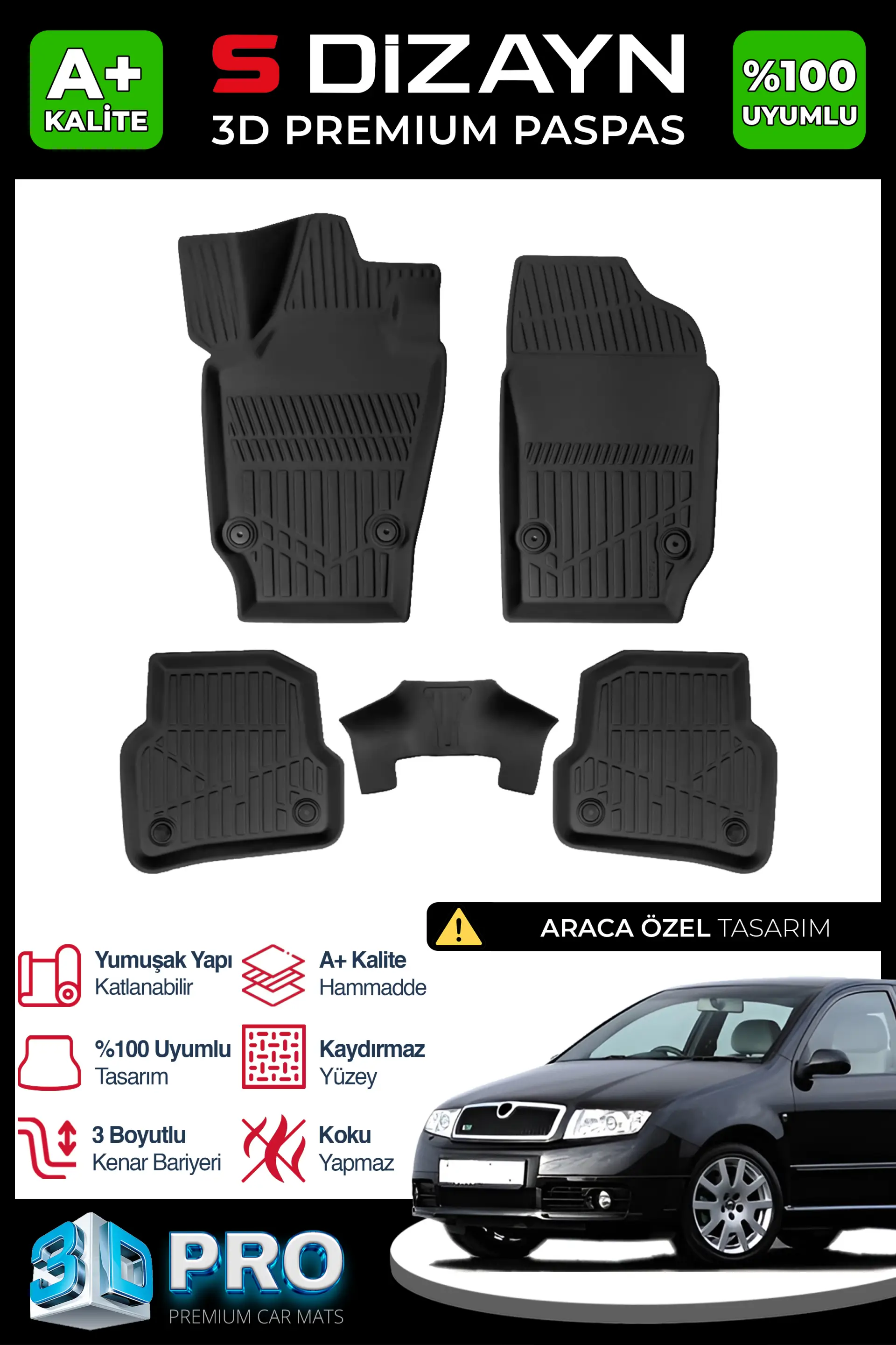 S-Dizayn Skoda Fabia 3D Pro Havuzlu Paspas 1999-2007 A+ Kalite