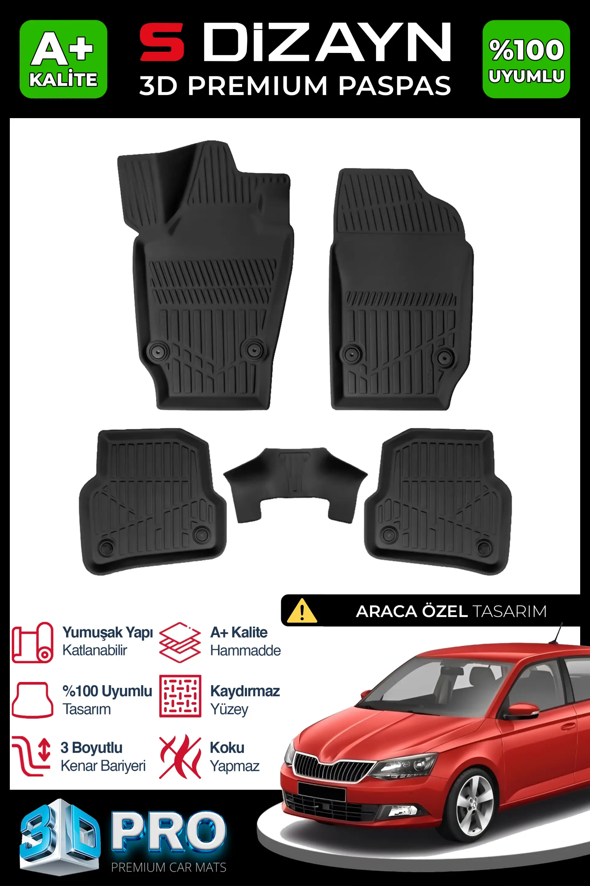 S-Dizayn Skoda Fabia 3D Pro Havuzlu Paspas 2014-2020 A+ Kalite