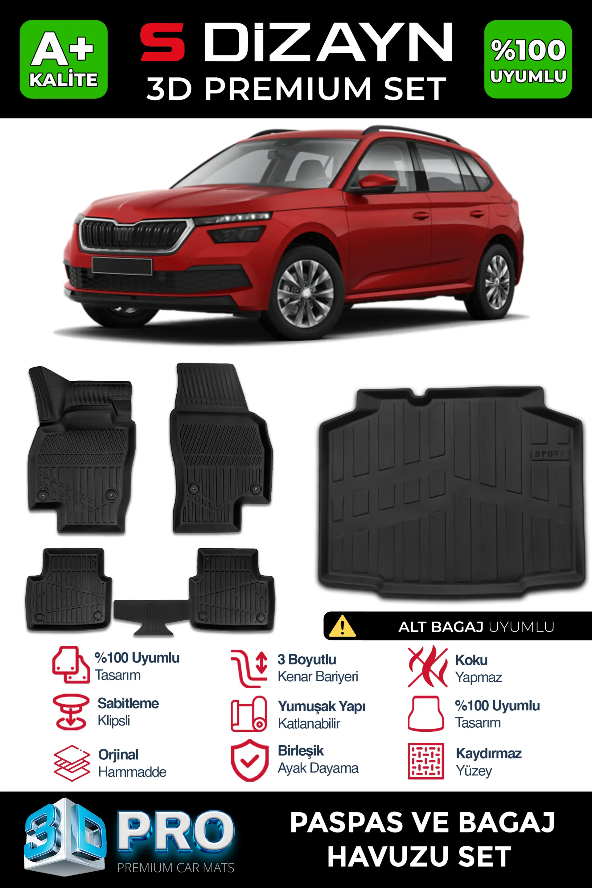 S-Dizayn Skoda Kamiq 3D Pro Havuzlu Paspas ve Bagaj Havuzu Seti (2'li SET) 2019 Üzeri A+ Kalite