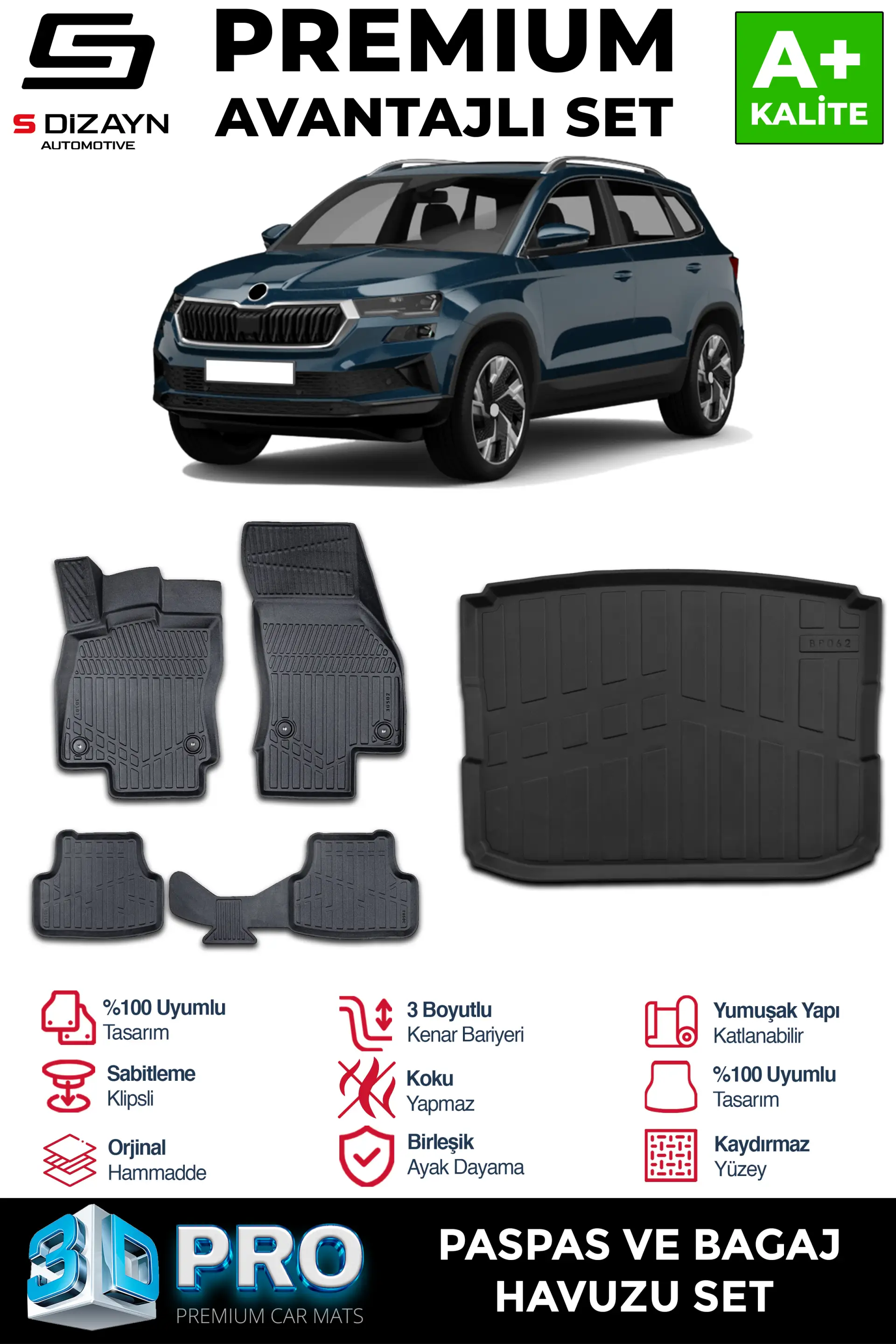 S-Dizayn Skoda Karoq 3D Pro Havuzlu Paspas ve Alt Bagaj Havuzu Seti (2'li SET) 2018 Üzeri A+ Kalite