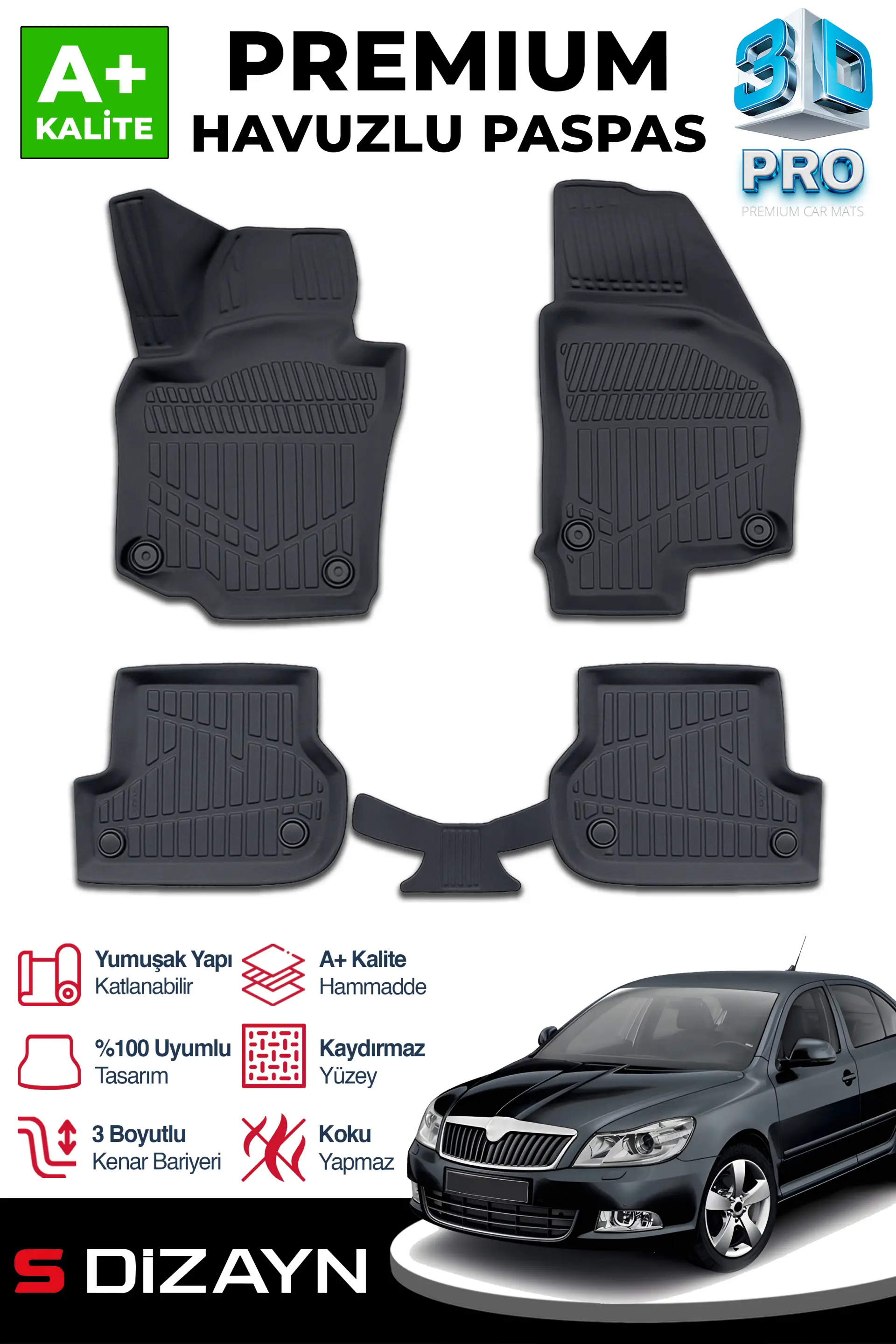 S-Dizayn Skoda Octavia 2 3D Pro Havuzlu Paspas 2004-2013 A+ Kalite