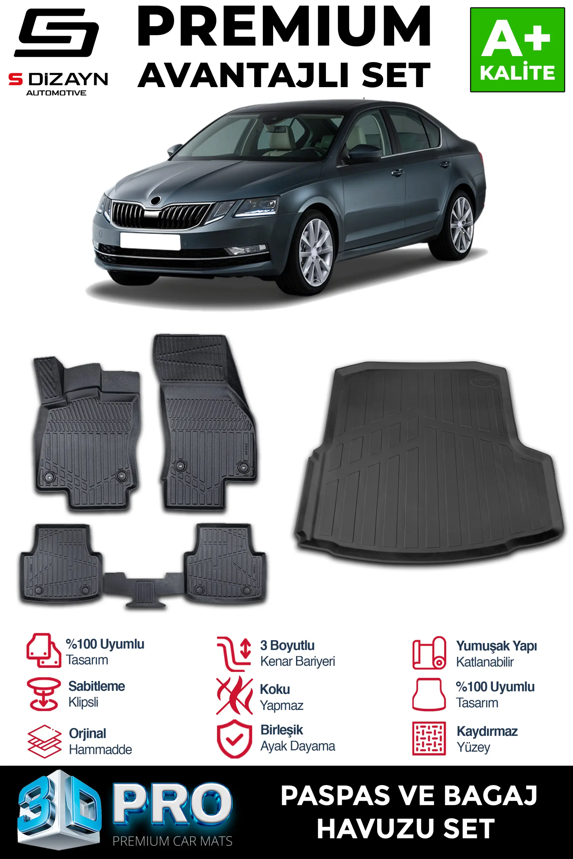 S-Dizayn Skoda Octavia 3D Pro Havuzlu Paspas ve Bagaj Havuzu Seti (2'li SET) 2013-2017 A+ Kalite