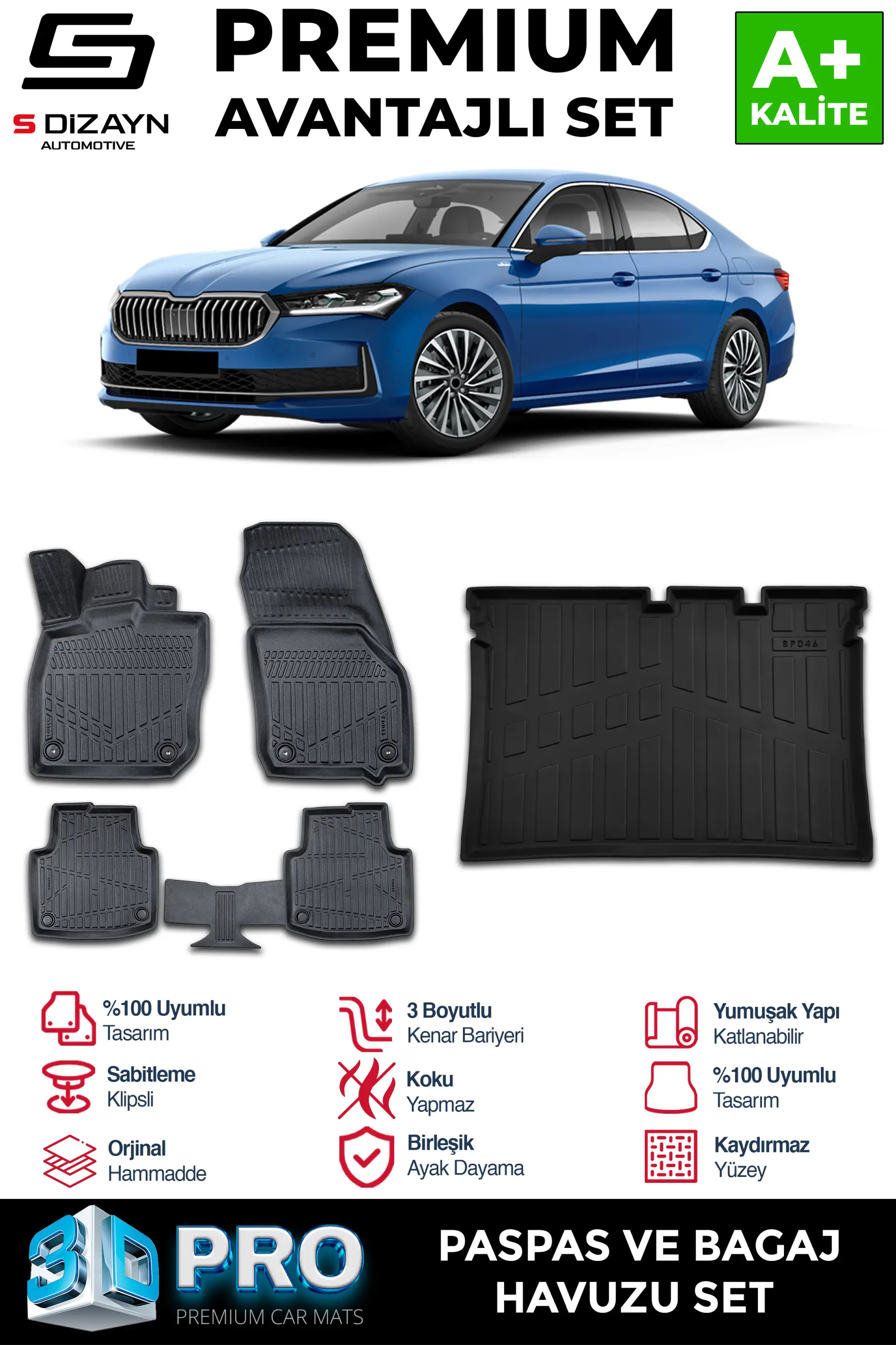 S-Dizayn Skoda SuperB 3D Pro Havuzlu Paspas ve Bagaj Havuzu Seti (2'li SET) 2024 Üzeri A+ Kalite