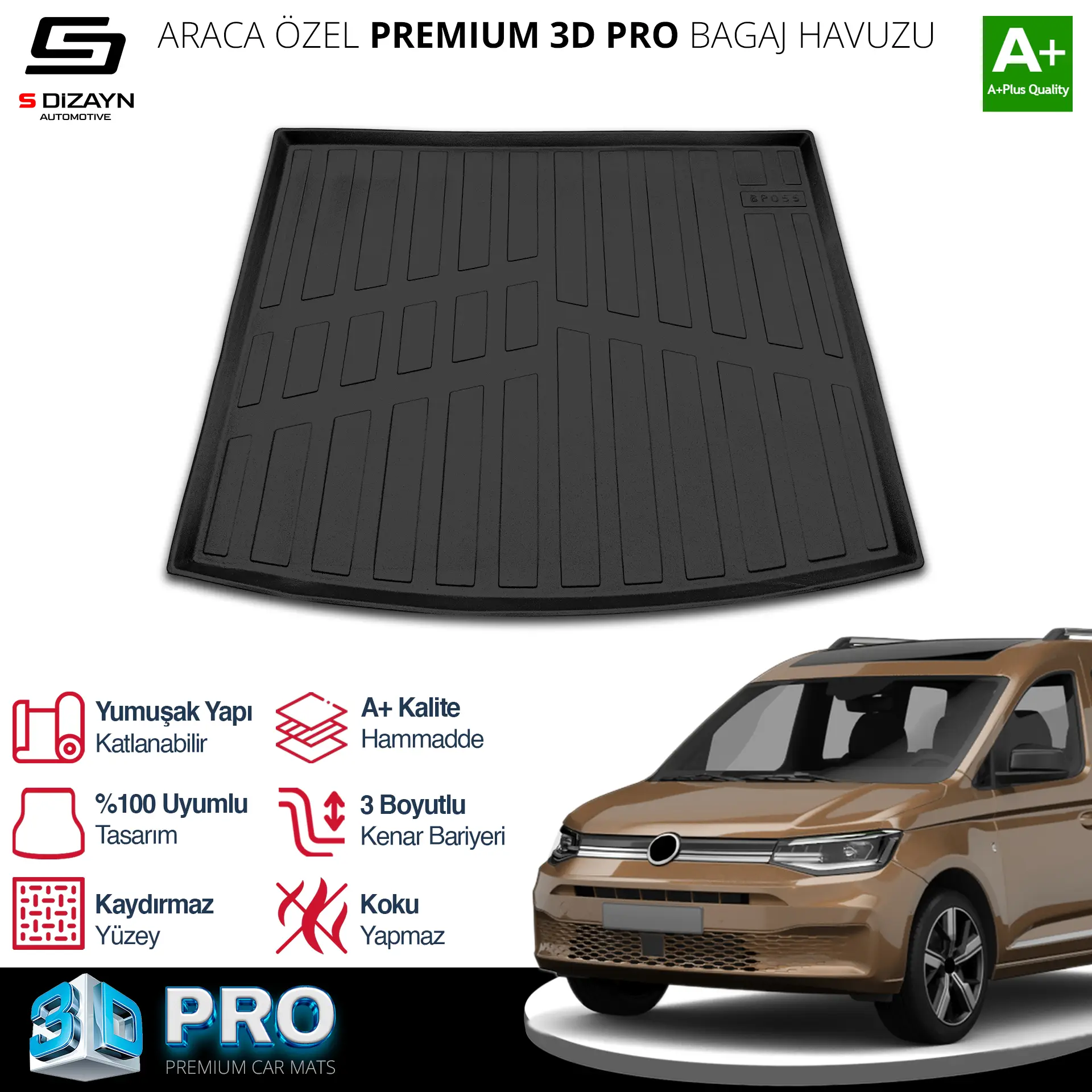 S-Dizayn VW Caddy 3D Pro Bagaj Havuzu 2020 Üzeri A+ Kalite