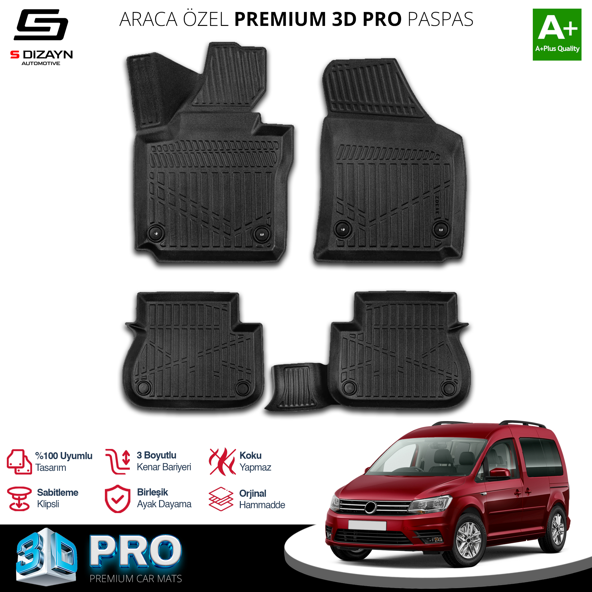 S-Dizayn VW Caddy 3D Pro Havuzlu Paspas 2004-2010 A+ Kalite S-Dizayn VW Caddy 3D Pro Havuzlu Paspas 2004-2010 A+ Kalite