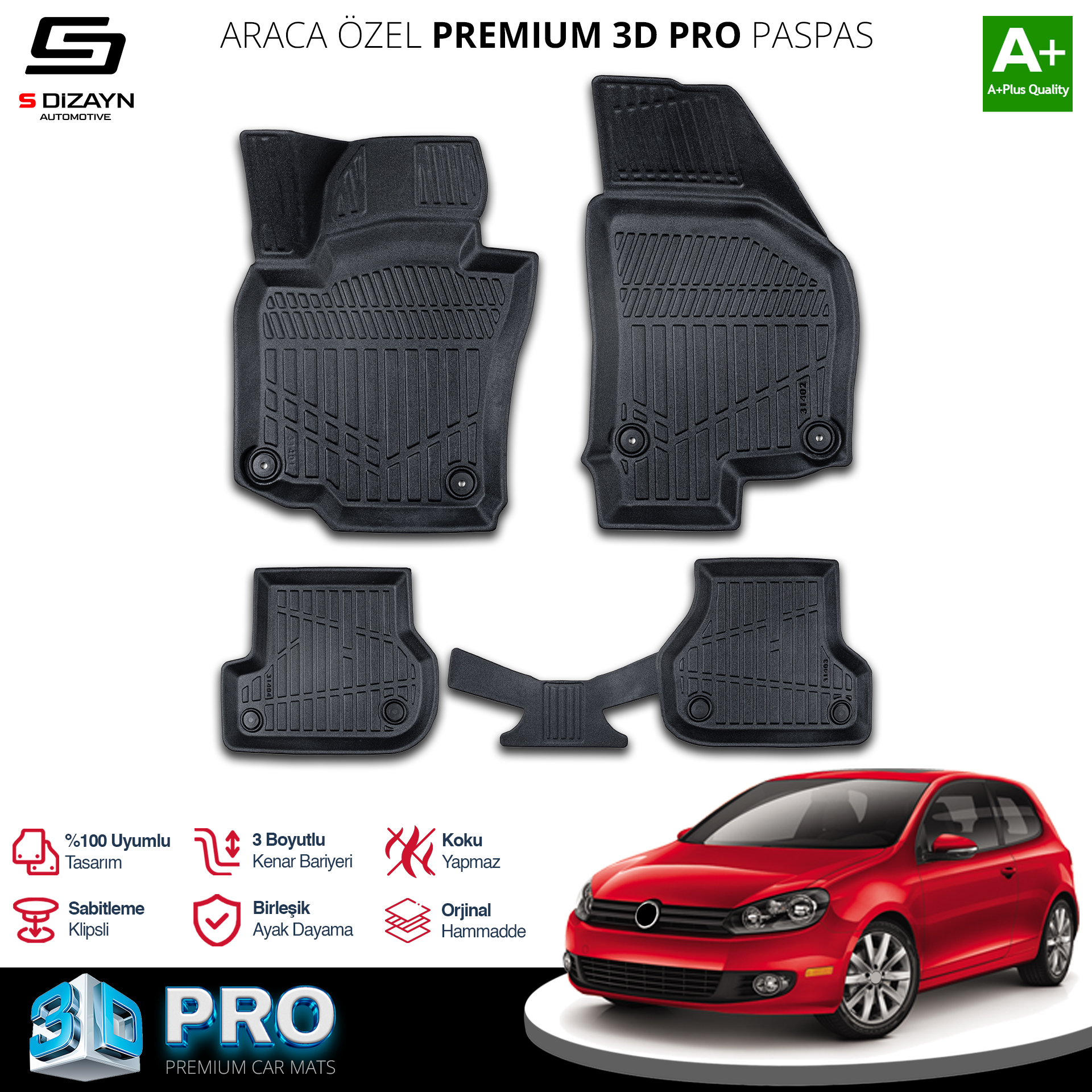 S-Dizayn VW Golf 6 3D Pro Havuzlu Paspas 2008-2012 A+ Kalite S-Dizayn VW Golf 6 3D Pro Havuzlu Paspas 2008-2012 A+ Kalite