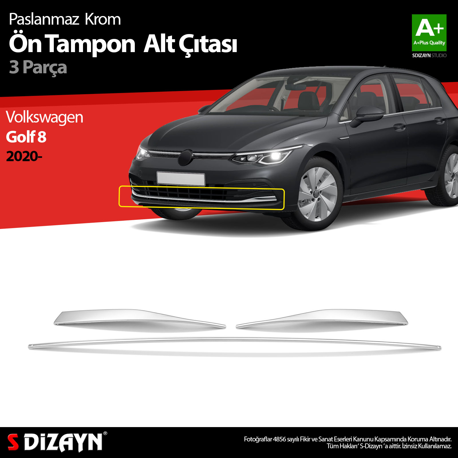 S-Dizayn VW Golf 8 HB Krom Ön Tampon Alt Çıtası 3 Prç. 2020-2024 S-Dizayn VW Golf 8 HB Krom Ön Tampon Alt Çıtası 3 Prç. 2020-2024