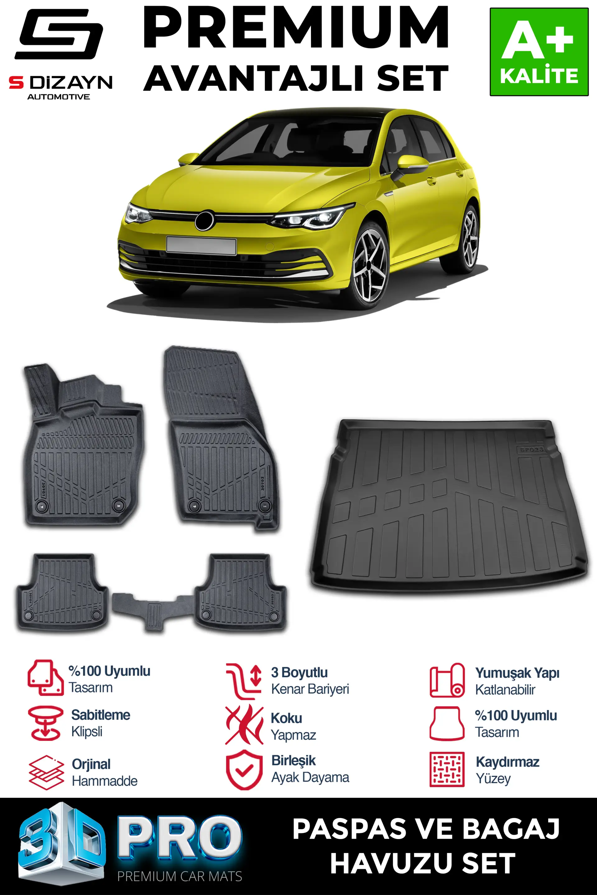 S-Dizayn VW Golf 8 Manuel 3D Pro Havuzlu Paspas ve Üst Bagaj Havuzu Seti (2'li SET) 2020 Üzeri A+ Kalite