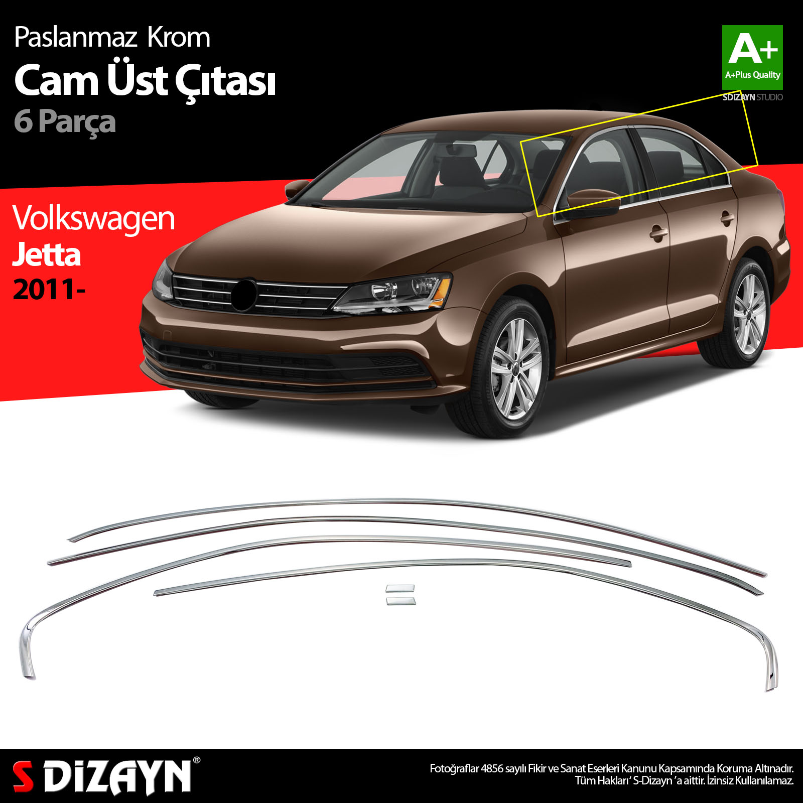 S-Dizayn VW Jetta Krom Cam Üst Çıtası 6 Prç. 2011-2019 S-Dizayn VW Jetta Krom Cam Üst Çıtası 6 Prç. 2011-2019