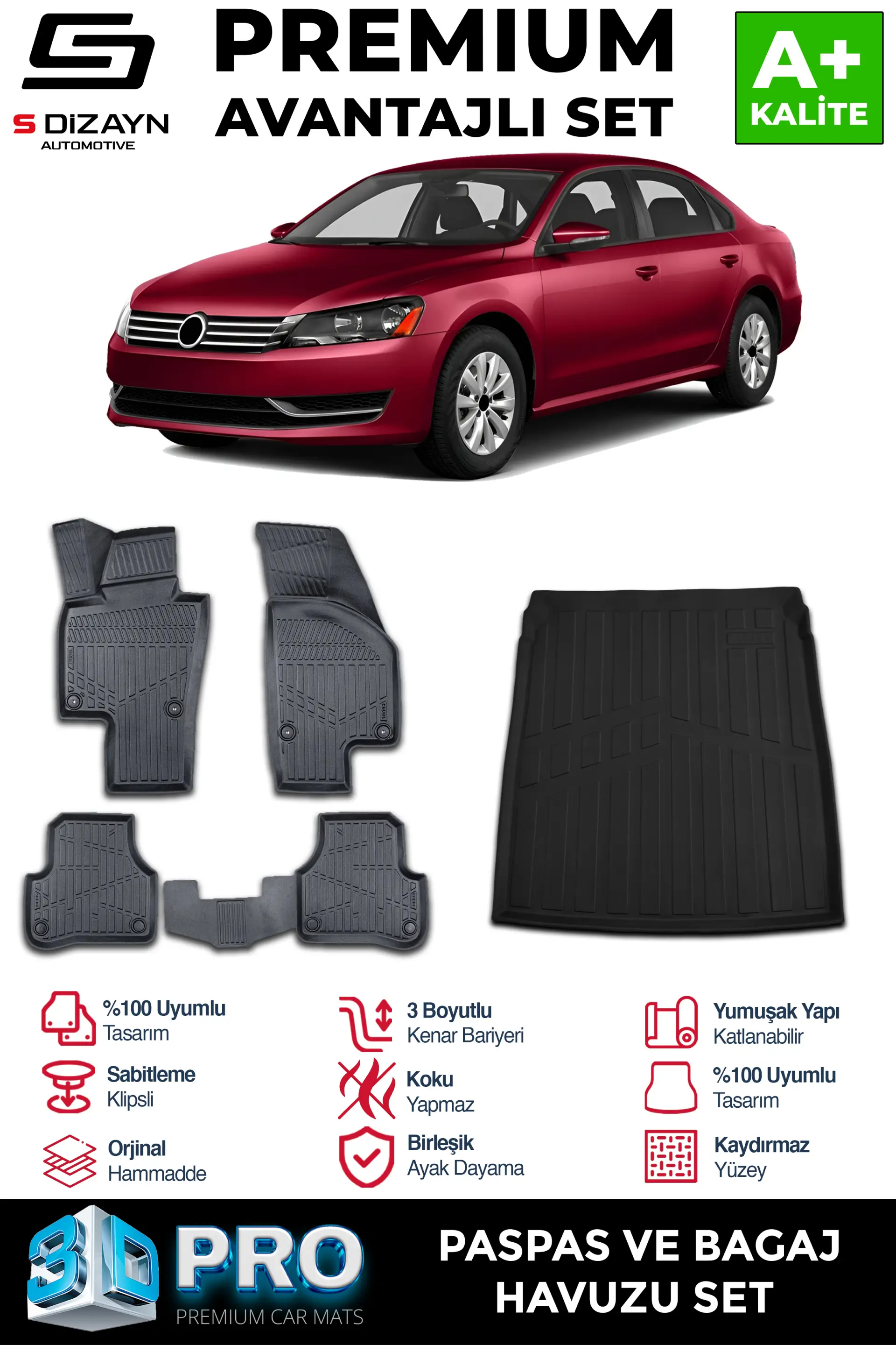 S-Dizayn VW Passat B7 3D Pro Havuzlu Paspas ve Bagaj Havuzu Seti (2'li SET) 2010-2014 A+ Kalite
