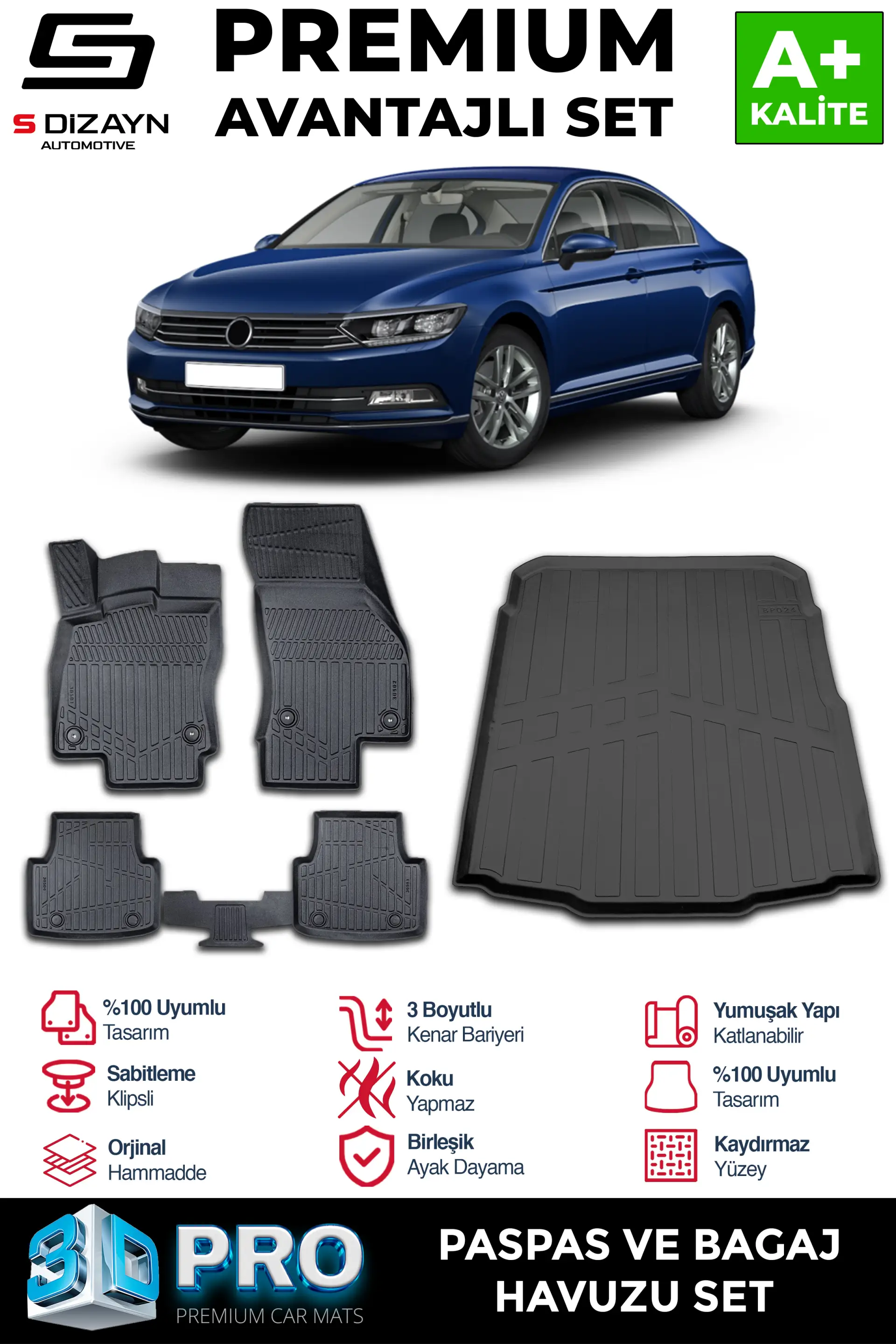 S-Dizayn VW Passat B8 3D Pro Havuzlu Paspas ve Bagaj Havuzu Seti (2'li SET) 2015-2023 A+ Kalite