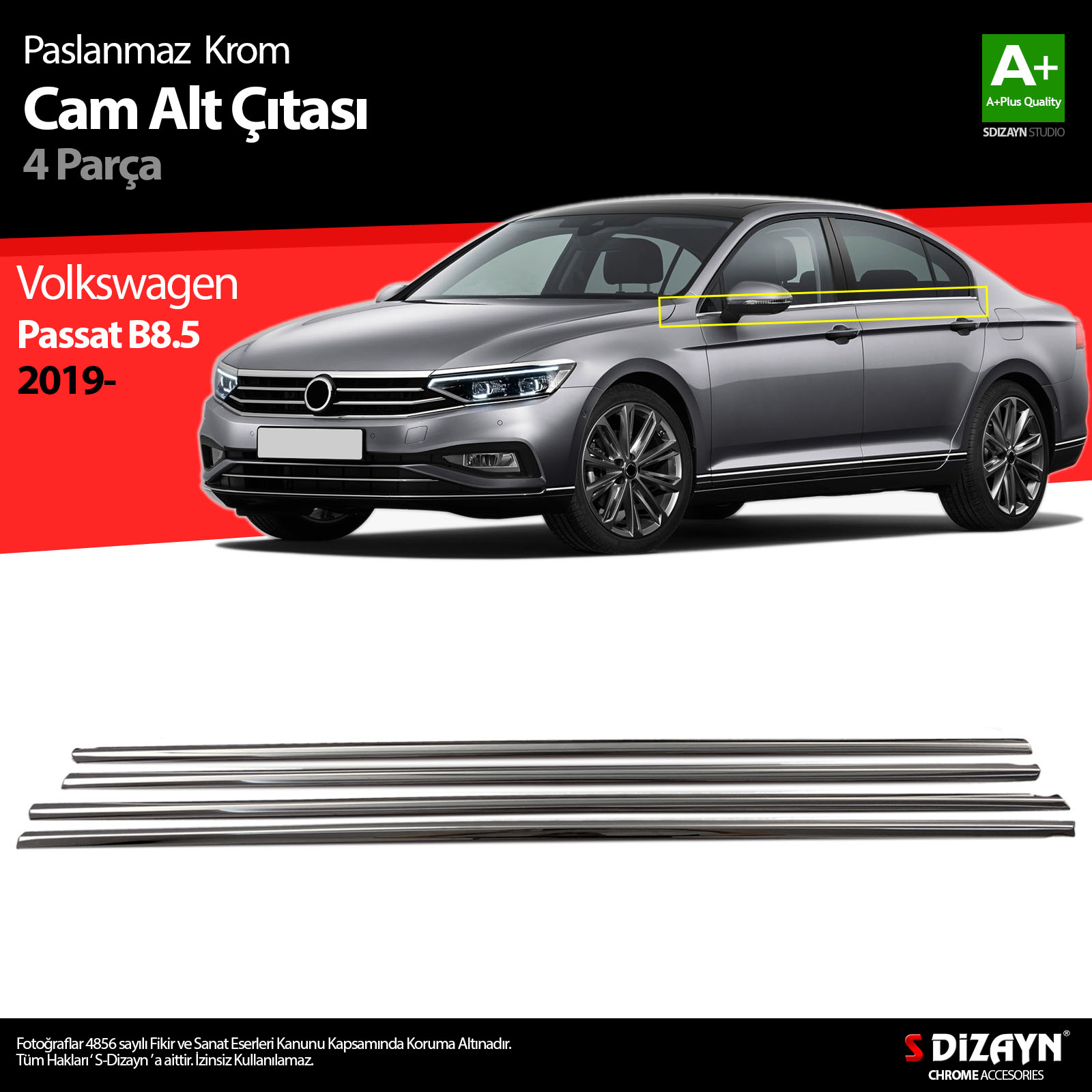 S-Dizayn VW Passat B8.5 Krom Cam Çıtası 4 Parça 2019-2023 S-Dizayn VW Passat B8.5 Krom Cam Çıtası 4 Parça 2019-2023