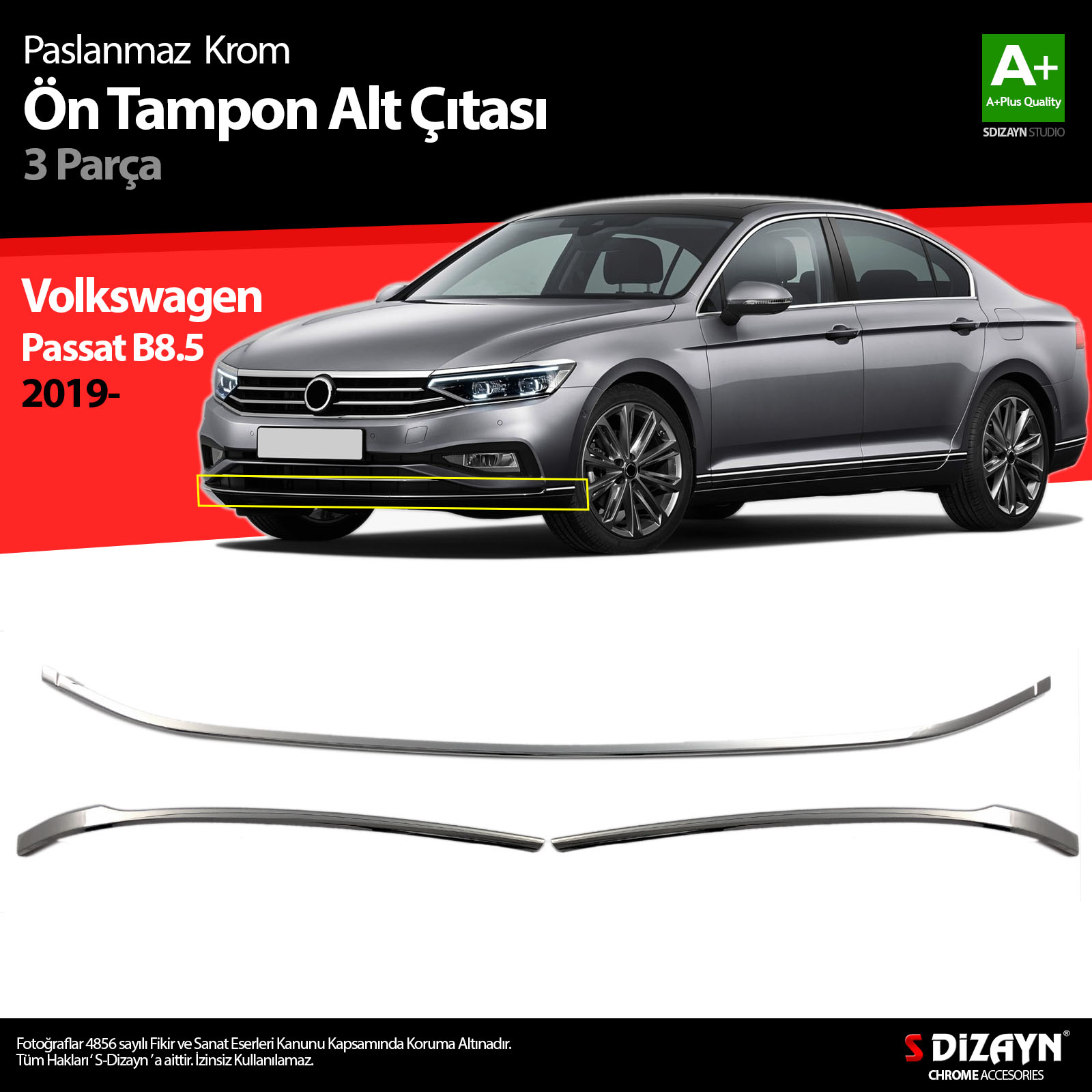 S-Dizayn VW Passat B8.5 Krom Ön Tampon Alt Çıtası 3 Parça 2019-2023 S-Dizayn VW Passat B8.5 Krom Ön Tampon Alt Çıtası 3 Parça 2019-2023