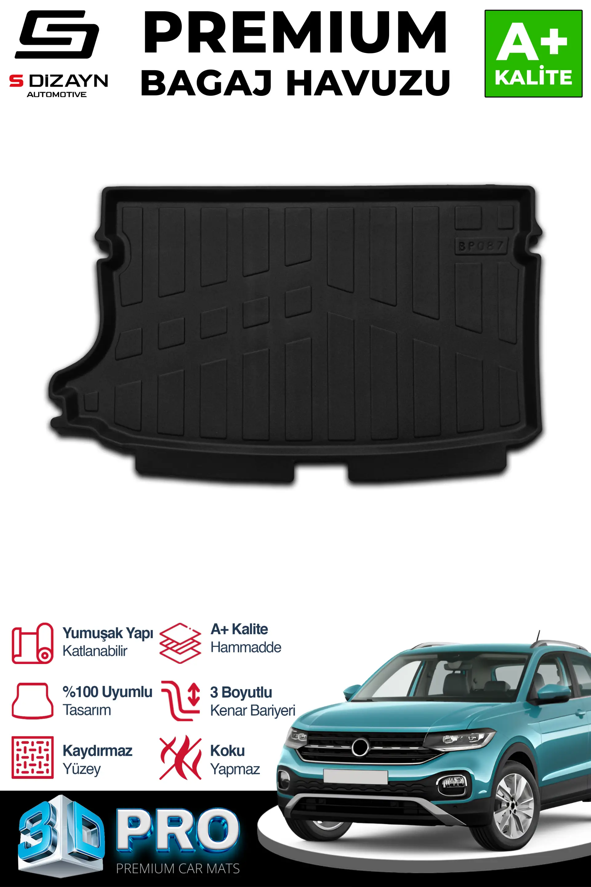 S-Dizayn VW T-Cross 3D Pro Bagaj Havuzu Üst Bagaj 2019 Üzeri A+ Kalite