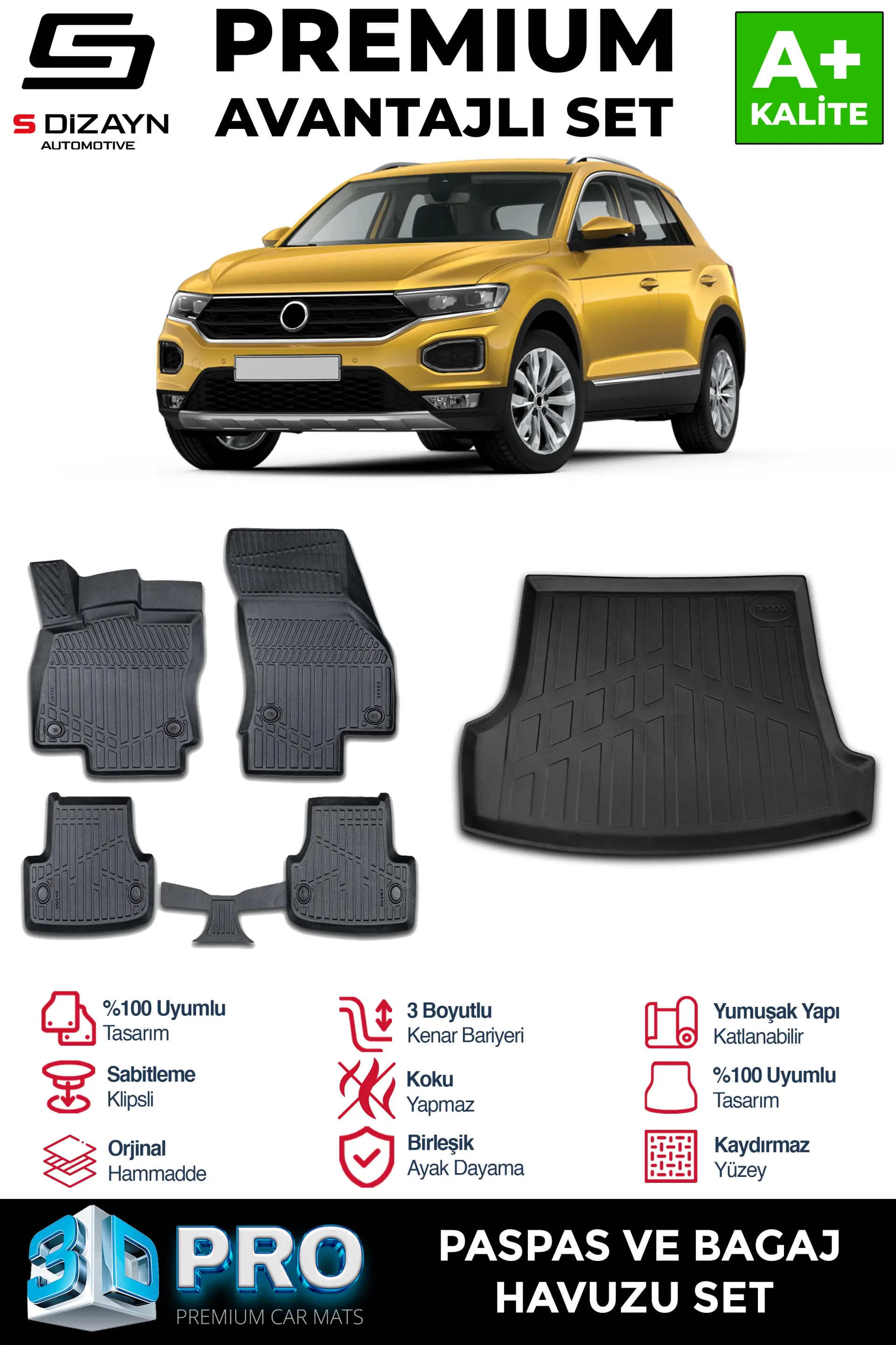 S-Dizayn VW T-Roc 3D Pro Havuzlu Paspas ve Üst Bagaj Havuzu Seti (2'li SET) 2019-2025 A+ Kalite