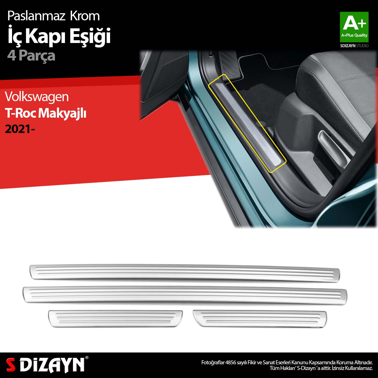 S-Dizayn VW T-Roc Makyajlı Krom İç Kapı Eşiği 4 Prç. 2021 Üzeri S-Dizayn VW T-Roc Makyajlı Krom İç Kapı Eşiği 4 Prç. 2021 Üzeri