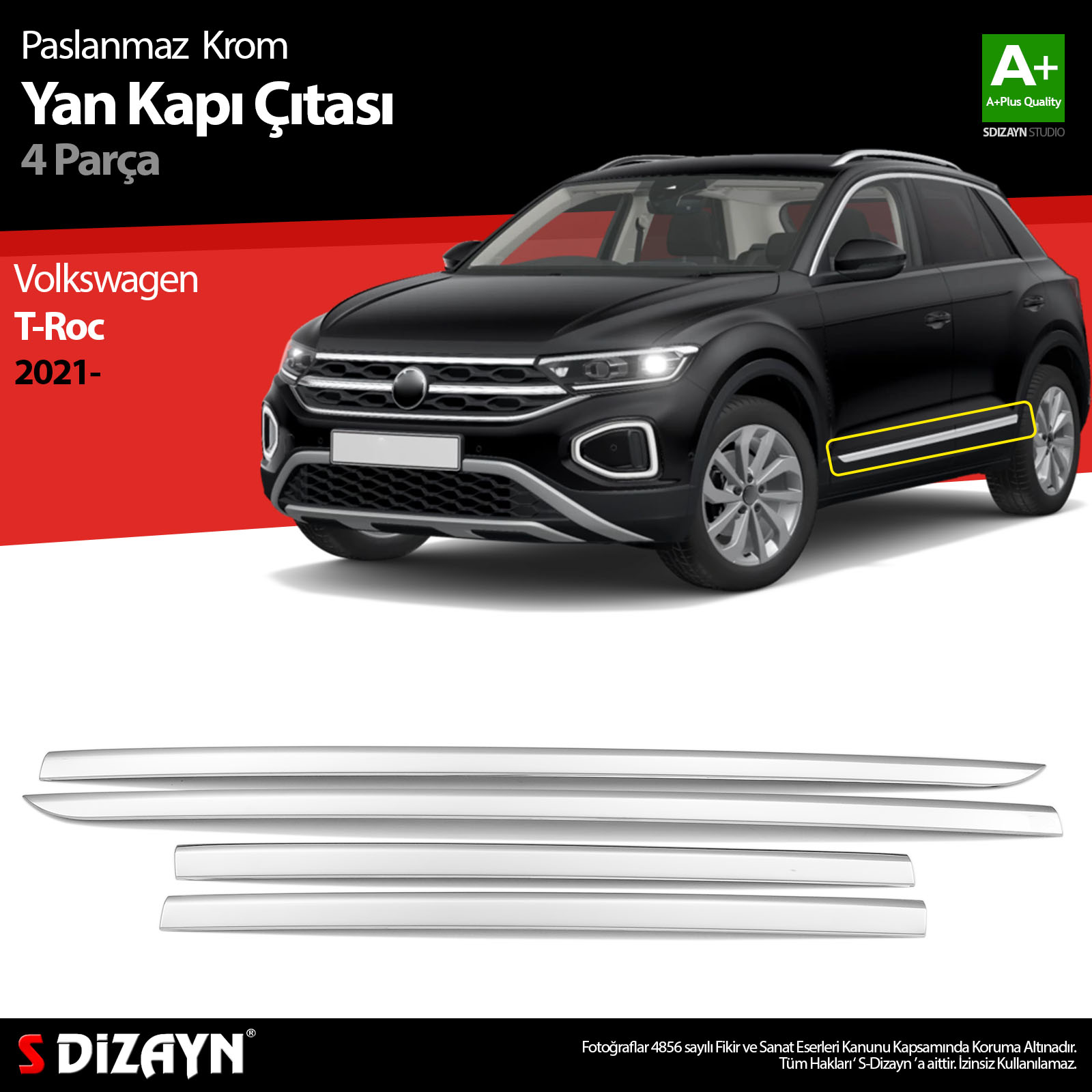 S-Dizayn VW T-Roc Makyajlı Krom Yan Kapı Çıtası 4 Prç. 2021 Üzeri S-Dizayn VW T-Roc Makyajlı Krom Yan Kapı Çıtası 4 Prç. 2021 Üzeri