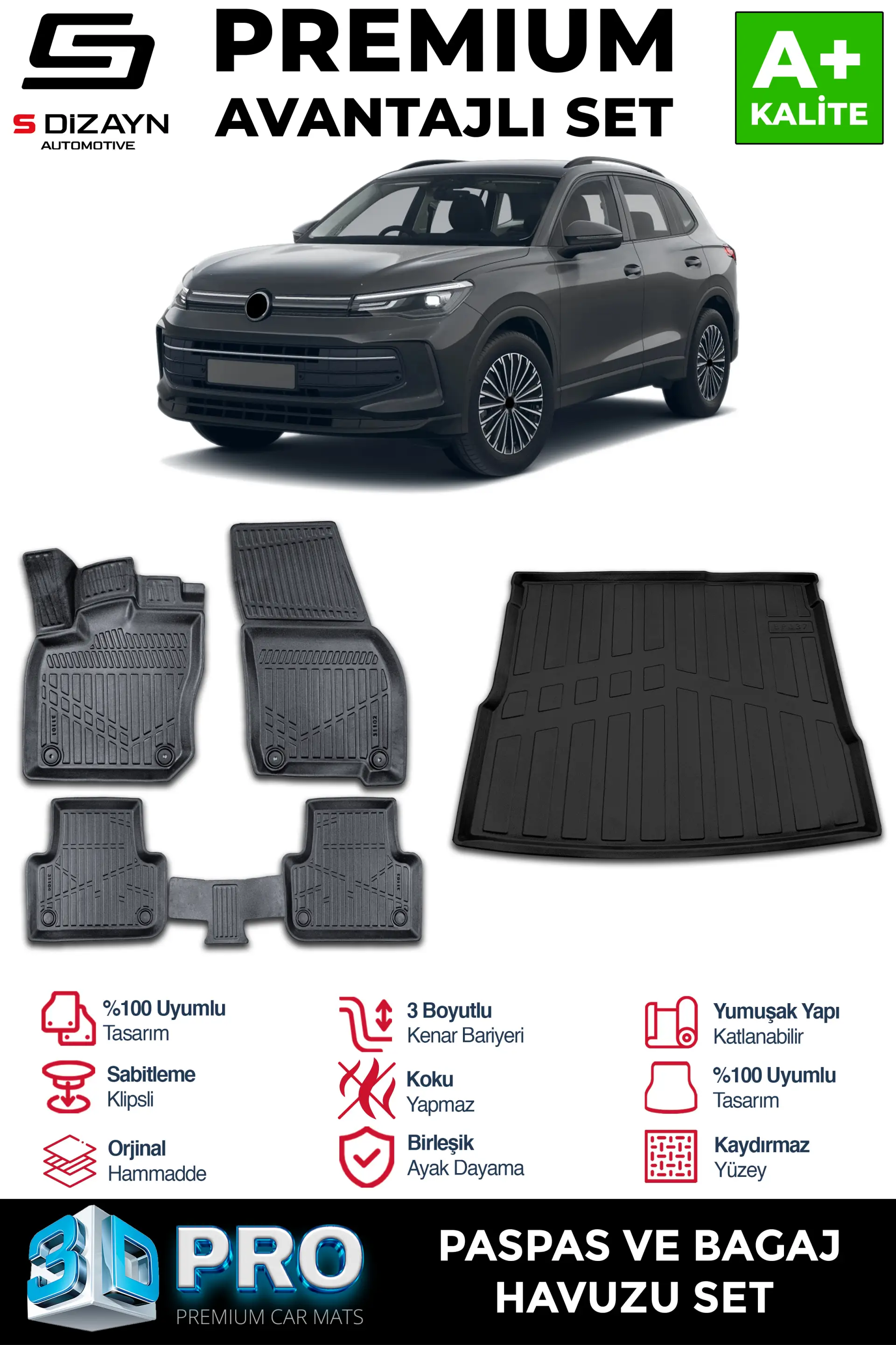 S-Dizayn VW Tiguan 3D Pro Havuzlu Paspas ve Bagaj Havuzu Seti (2'li SET) 2024 Üzeri A+ Kalite