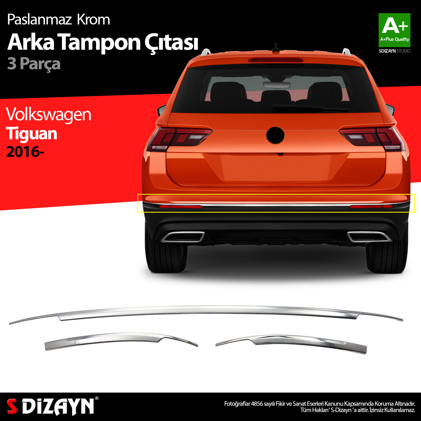 S-Dizayn VW Tiguan Krom Arka Tampon Alt Çıtası 3 Prç. 2016-2020 S-Dizayn VW Tiguan Krom Arka Tampon Alt Çıtası 3 Prç. 2016-2020
