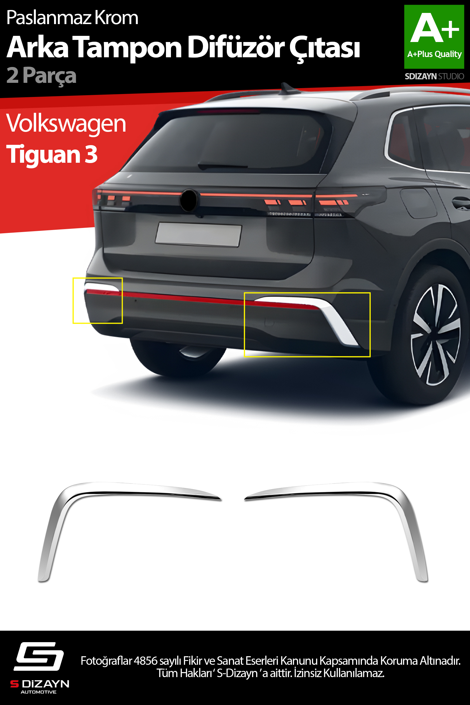 S-Dizayn VW Tiguan Krom Arka Tampon Difüzör Çıtası OEM Still 2 Prç. 2024 Üzeri A+ Kalite S-Dizayn VW Tiguan Krom Arka Tampon Difüzör Çıtası OEM Still 2 Prç. 2024 Üzeri A+ Kalite