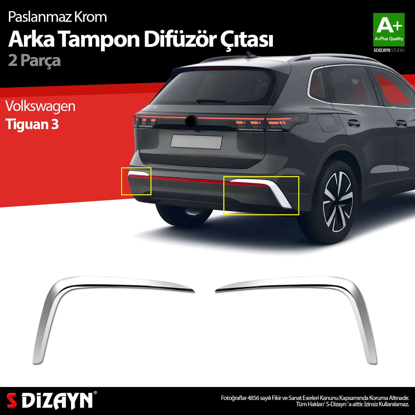 S-Dizayn VW Tiguan Krom Arka Tampon Difüzör Çıtası OEM Still 2 Prç. 2024 Üzeri A+ Kalite S-Dizayn VW Tiguan Krom Arka Tampon Difüzör Çıtası OEM Still 2 Prç. 2024 Üzeri A+ Kalite