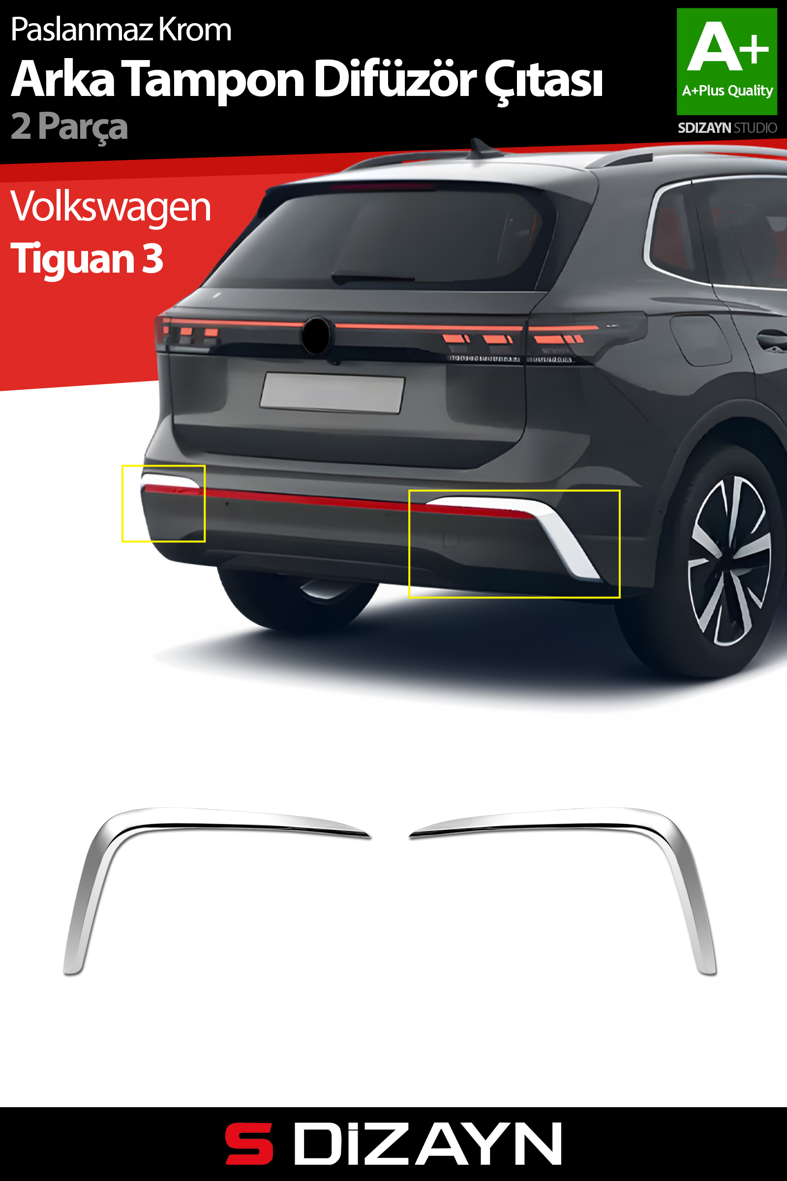 S-Dizayn VW Tiguan Krom Arka Tampon Difüzör Çıtası OEM Still 2 Prç. 2024 Üzeri A+ Kalite S-Dizayn VW Tiguan Krom Arka Tampon Difüzör Çıtası OEM Still 2 Prç. 2024 Üzeri A+ Kalite