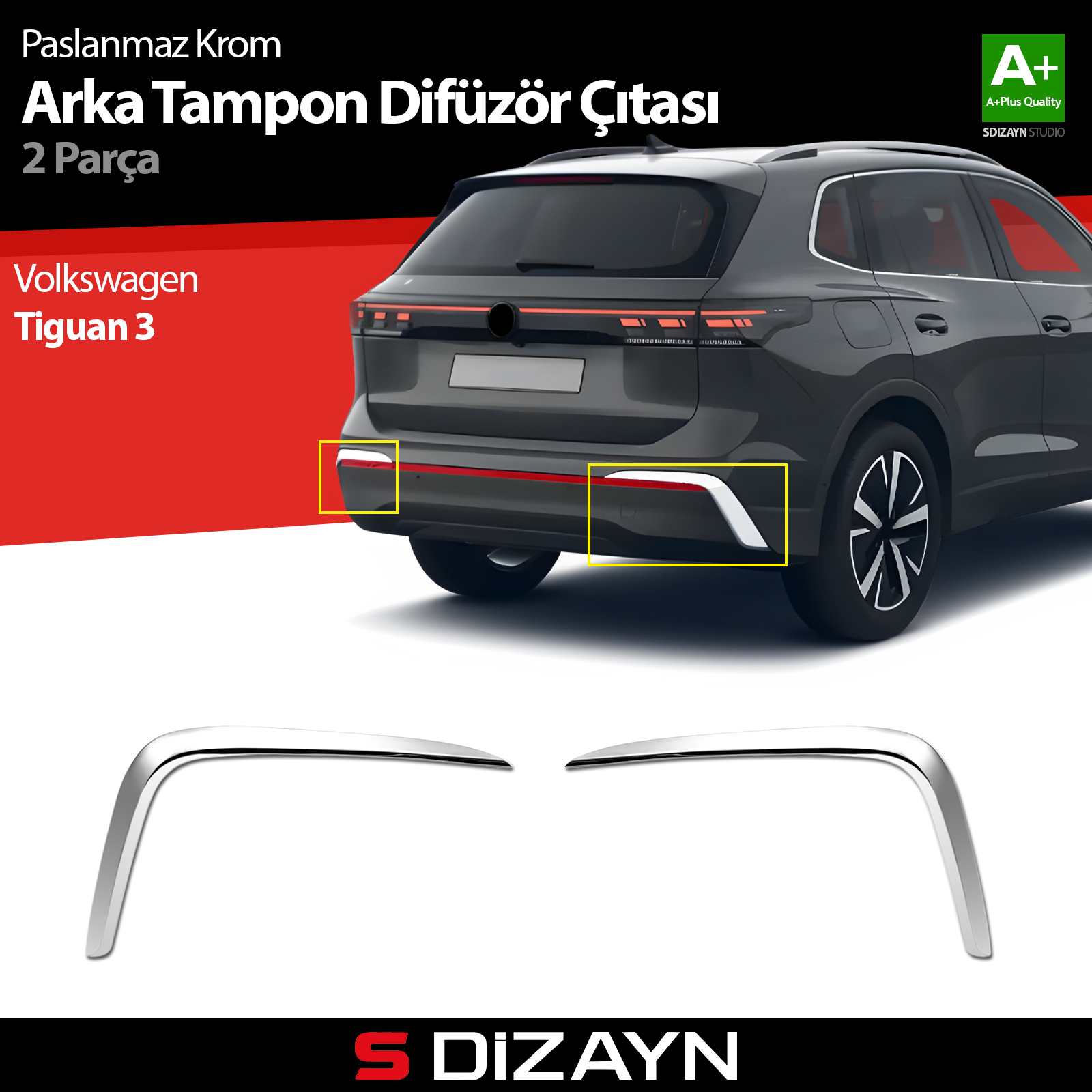 S-Dizayn VW Tiguan Krom Arka Tampon Difüzör Çıtası OEM Still 2 Prç. 2024 Üzeri A+ Kalite S-Dizayn VW Tiguan Krom Arka Tampon Difüzör Çıtası OEM Still 2 Prç. 2024 Üzeri A+ Kalite