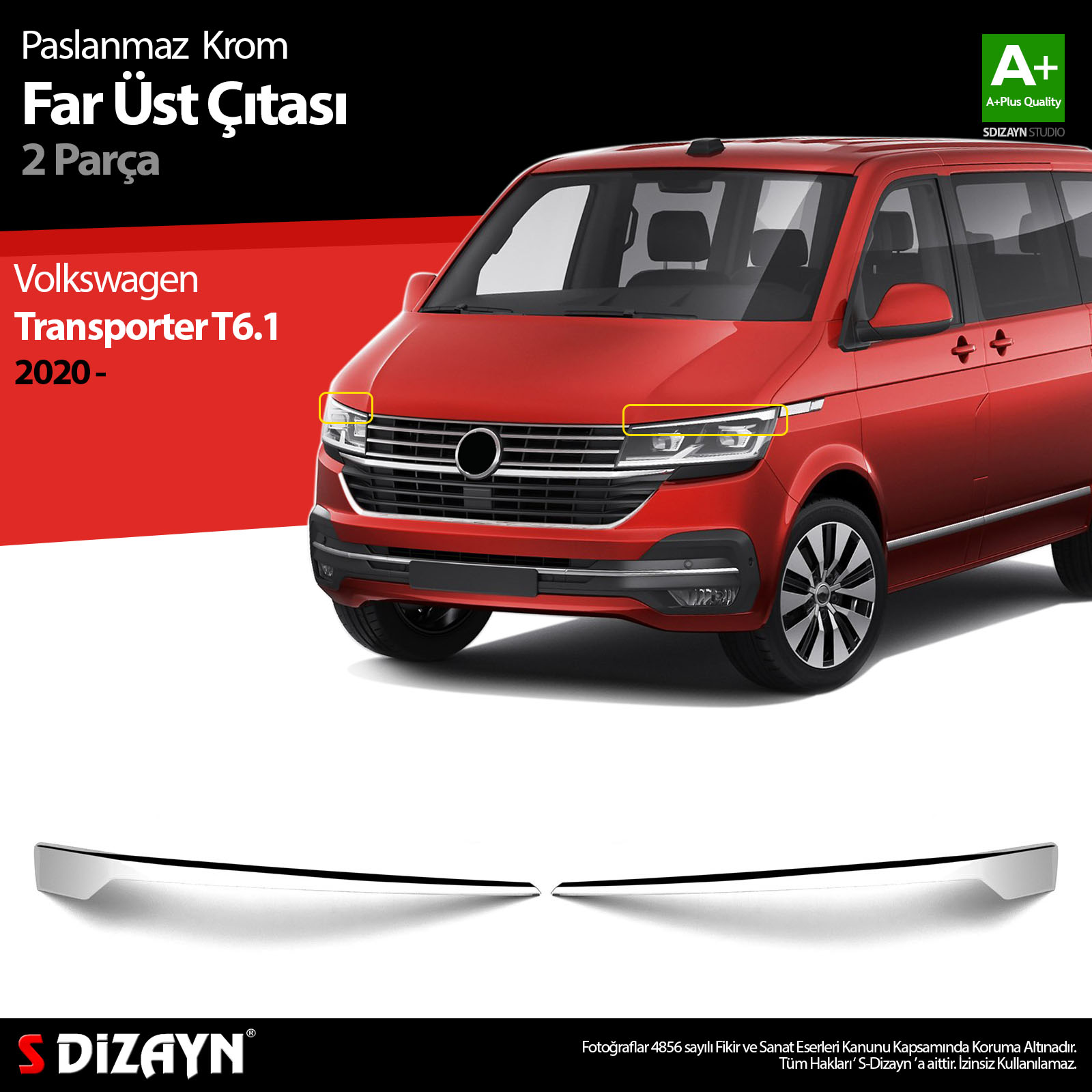 S-Dizayn VW Transporter T6.1 Krom Far Üst Çıtası 2 Prç. 2020-2025 S-Dizayn VW Transporter T6.1 Krom Far Üst Çıtası 2 Prç. 2020-2025