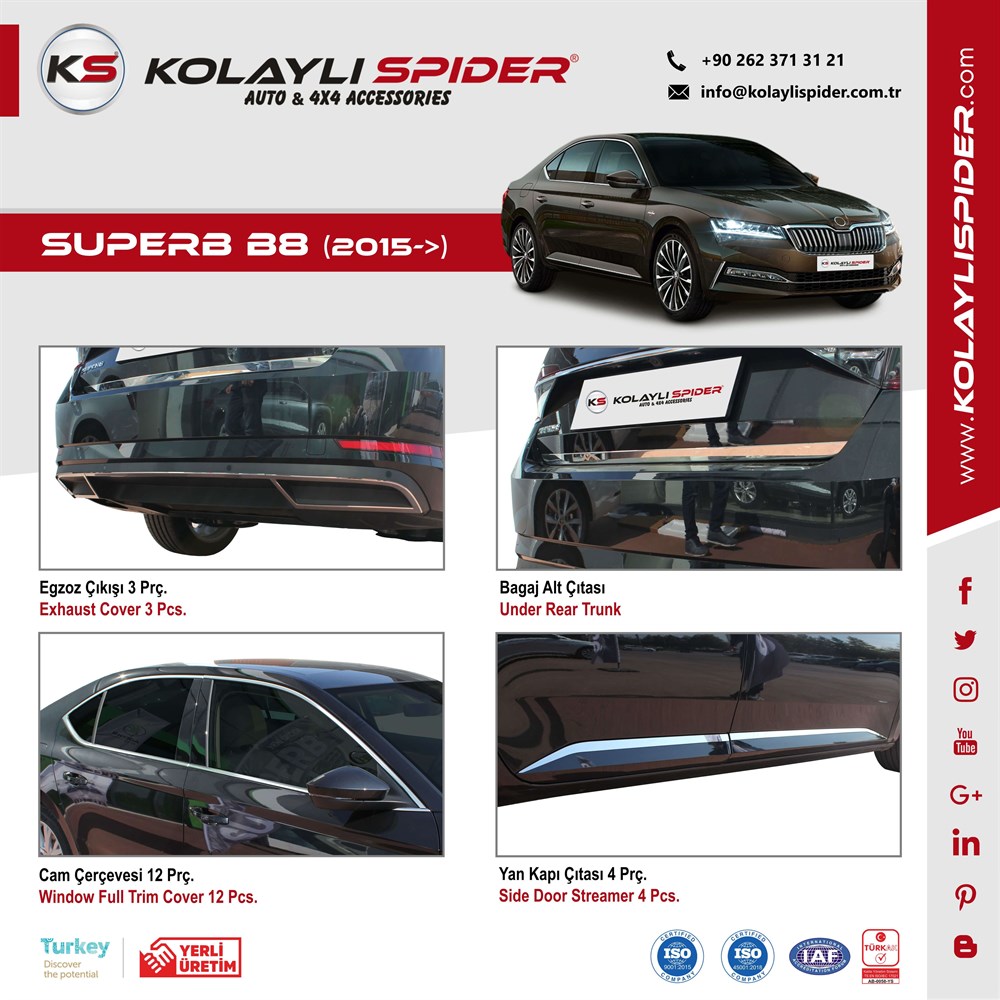 Skoda Super B8 Cam Üst Çıtası 4 Prç Krom 2015 ve Sonrası Skoda Super B8 Cam Üst Çıtası 4 Prç Krom 2015 ve Sonrası