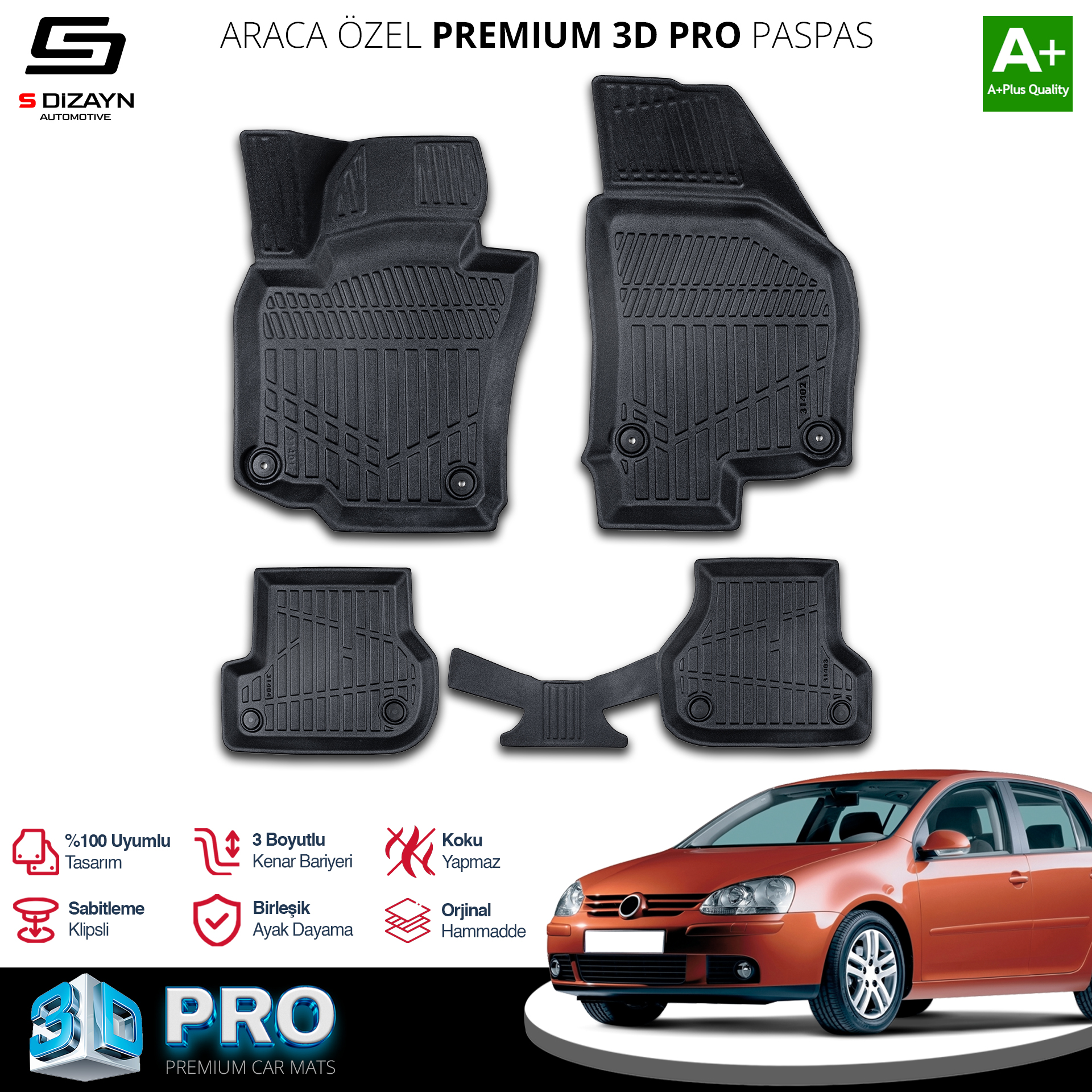 S-Dizayn VW Golf 5 3D Pro Havuzlu Paspas 2004-2008 A+ Kalite S-Dizayn VW Golf 5 3D Pro Havuzlu Paspas 2004-2008 A+ Kalite