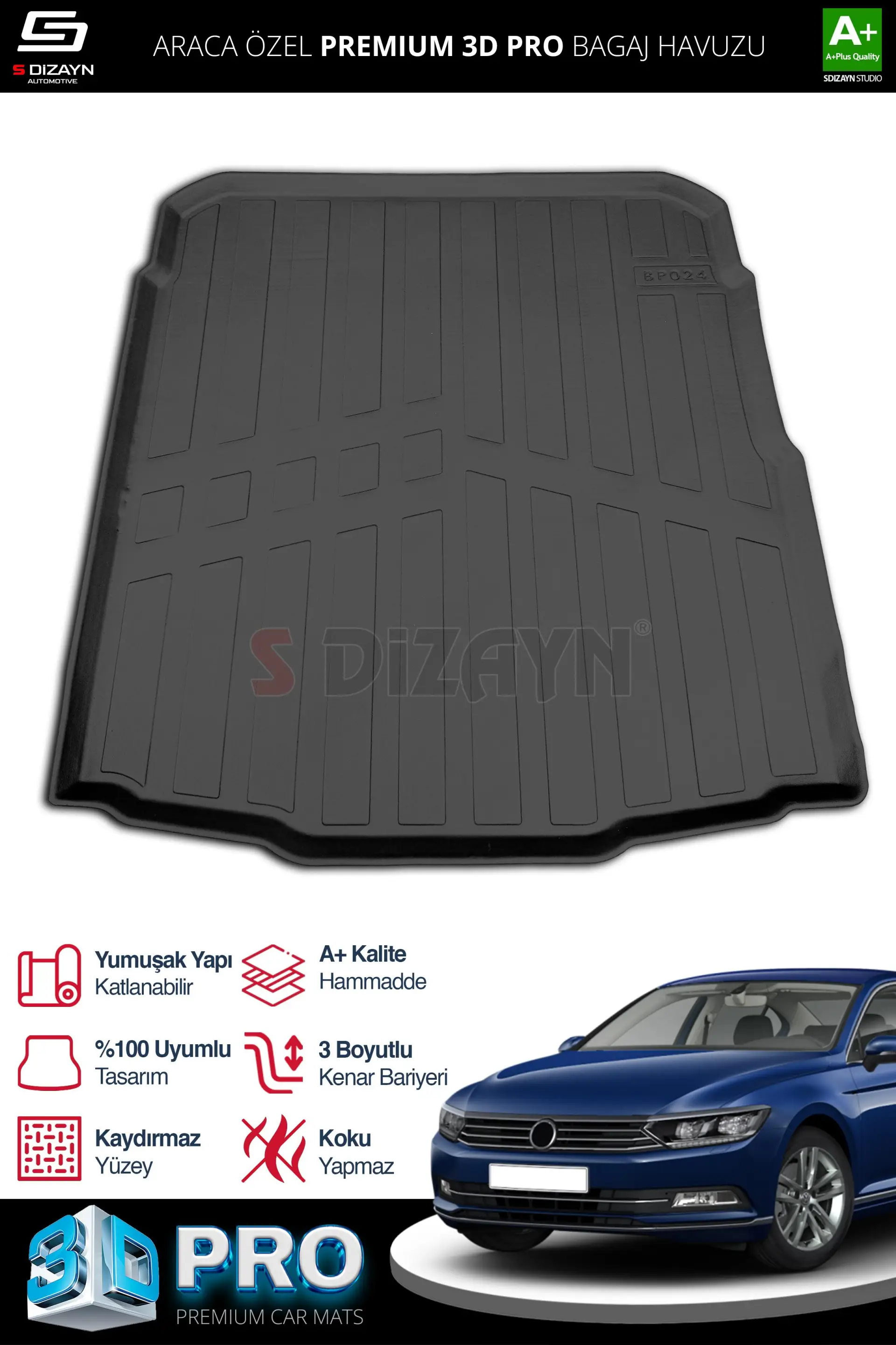 S-Dizayn VW Passat B8 3D Pro Bagaj Havuzu 2015-2023 A+ Kalite